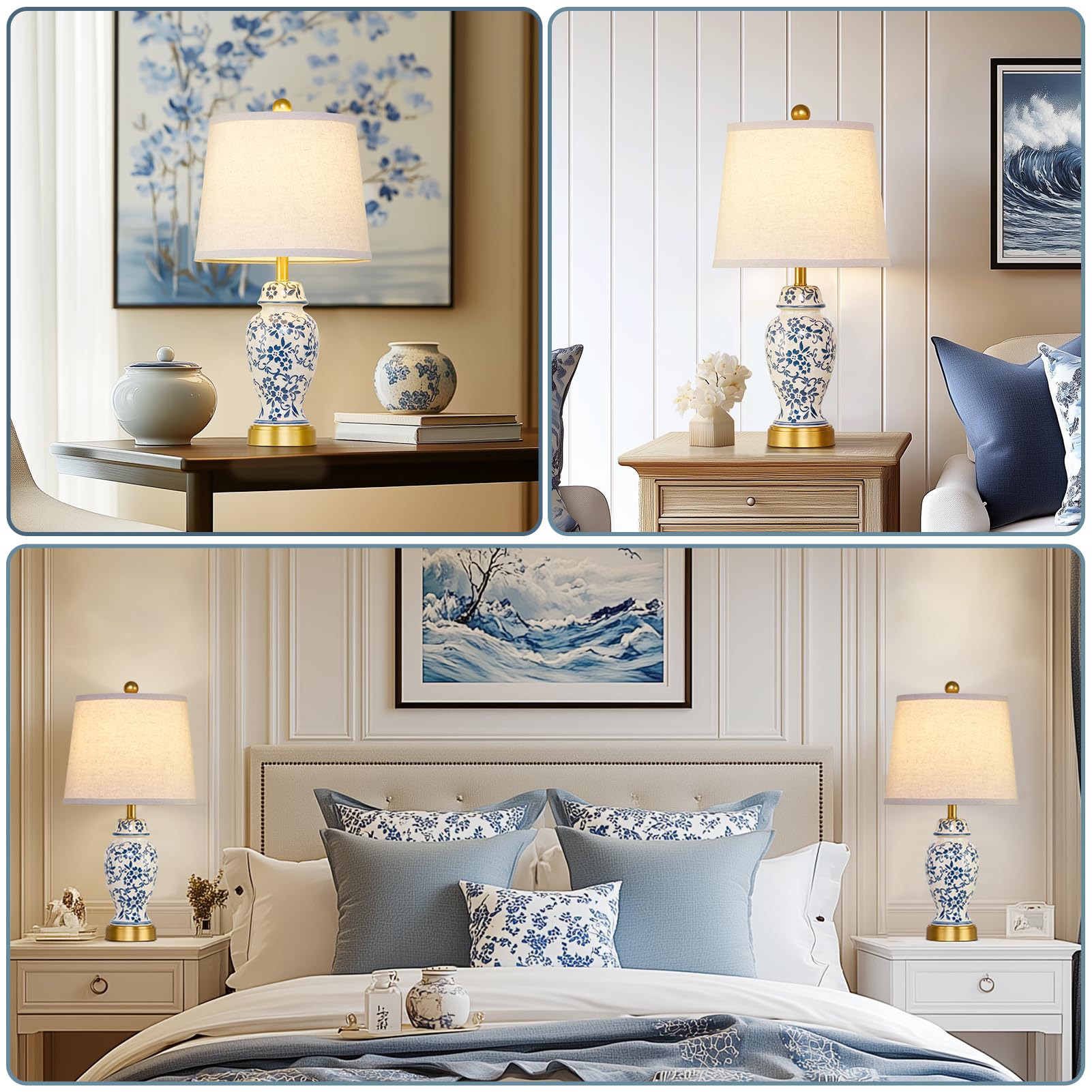 RORIANO Chinoiserie Ceramic Table Lamps Set of 2 - Traditional Blue & White Porcelain, Gold Finish, Includes 2 LED Bulbs, Model RO-8927