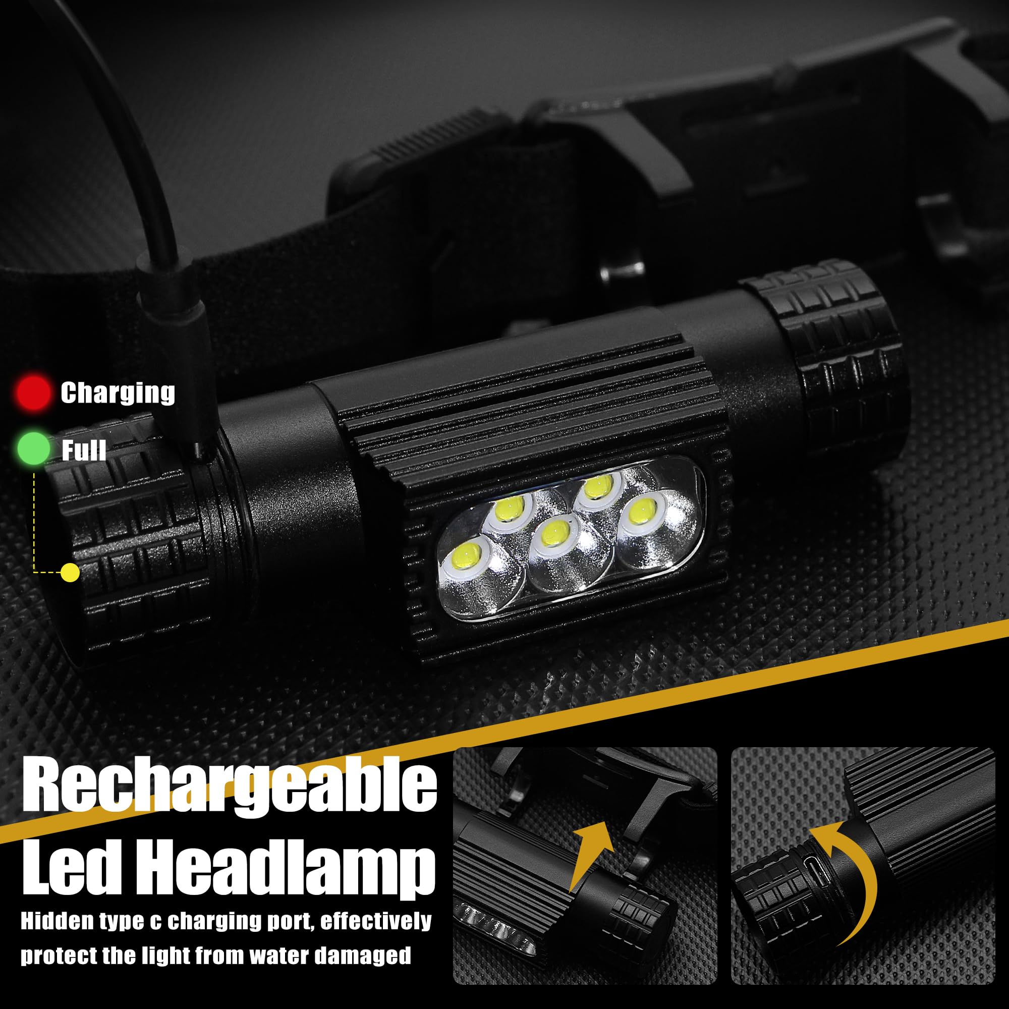Headlamp Rechargeable, 2000 Lumen Super Bright Led Head Lamp For Adults, Ip67 Waterproof Rechargeable Headlight With 9 Modes, He