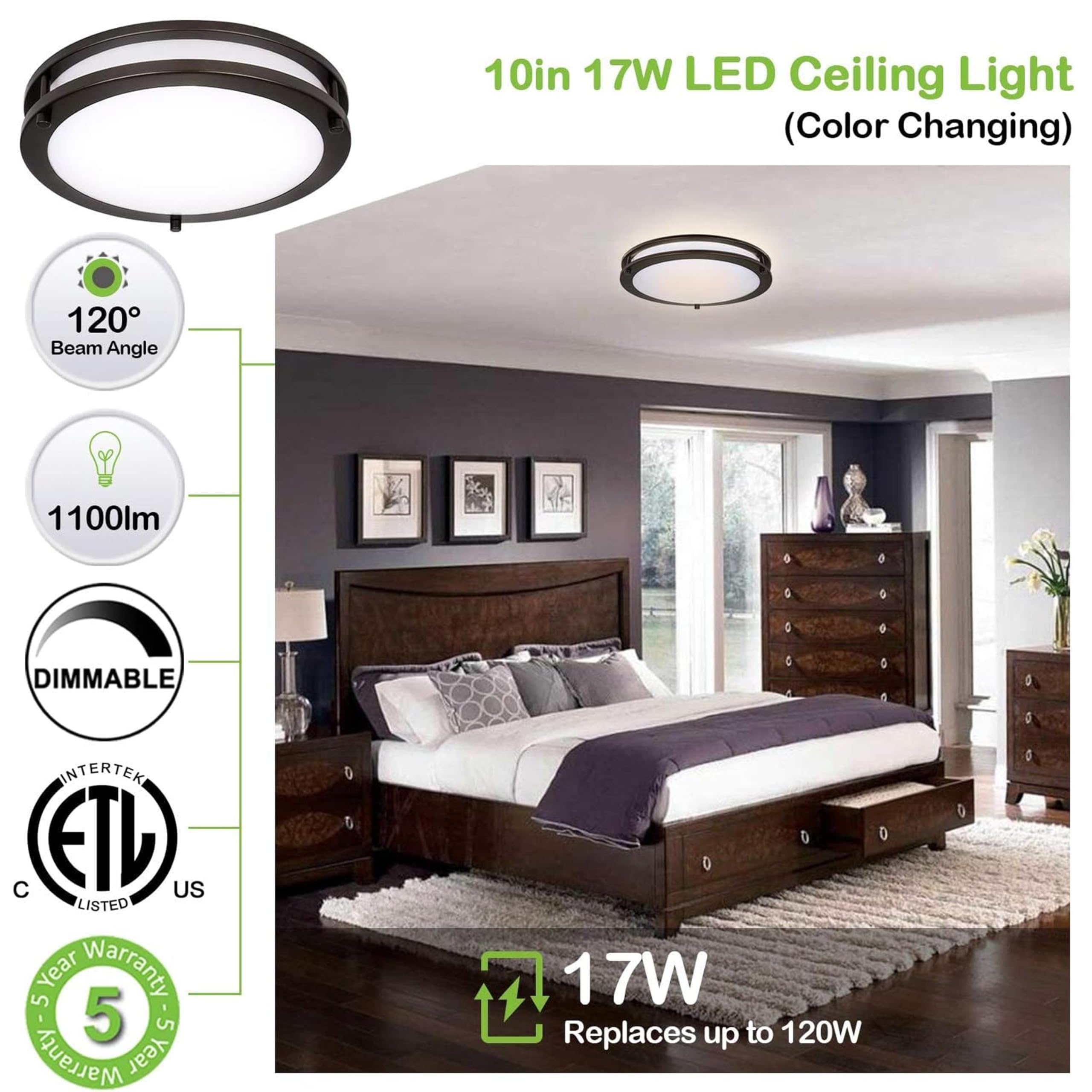 10 Inch Flush Mount Led Ceiling Light Fixture, 17W[120W Equiv] 1100Lm, 2700K/3000K/3500K/4000K/5000K Adjustable Ceiling Lights, Oil Rubbed Bronze Saturn Dimmable Lighting For Hallway Bathroom - 2 Pack