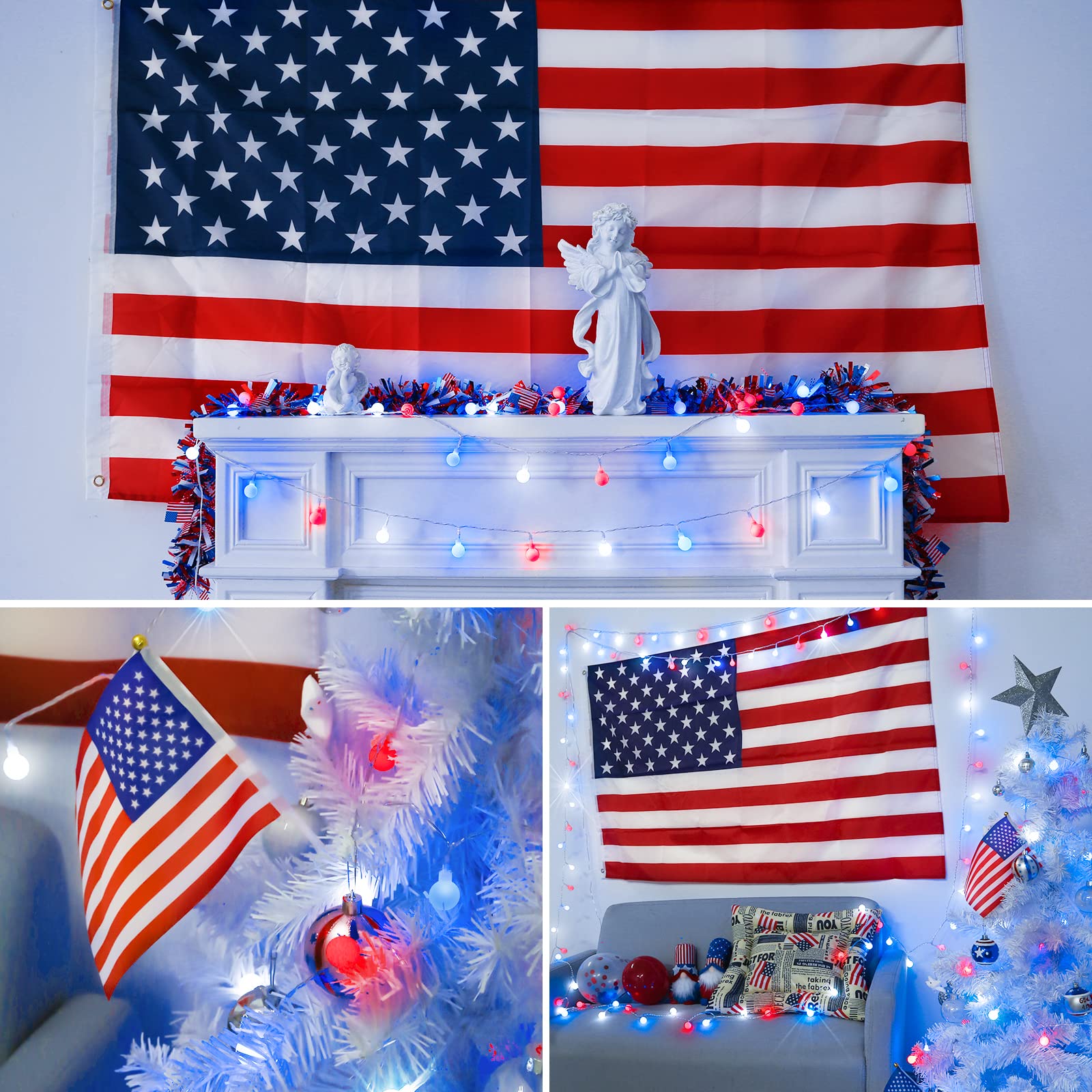 suddus Fairy Lights, 50 LED Battery Powered String Lights, Red White and Blue for Indoor and Outdoor Use