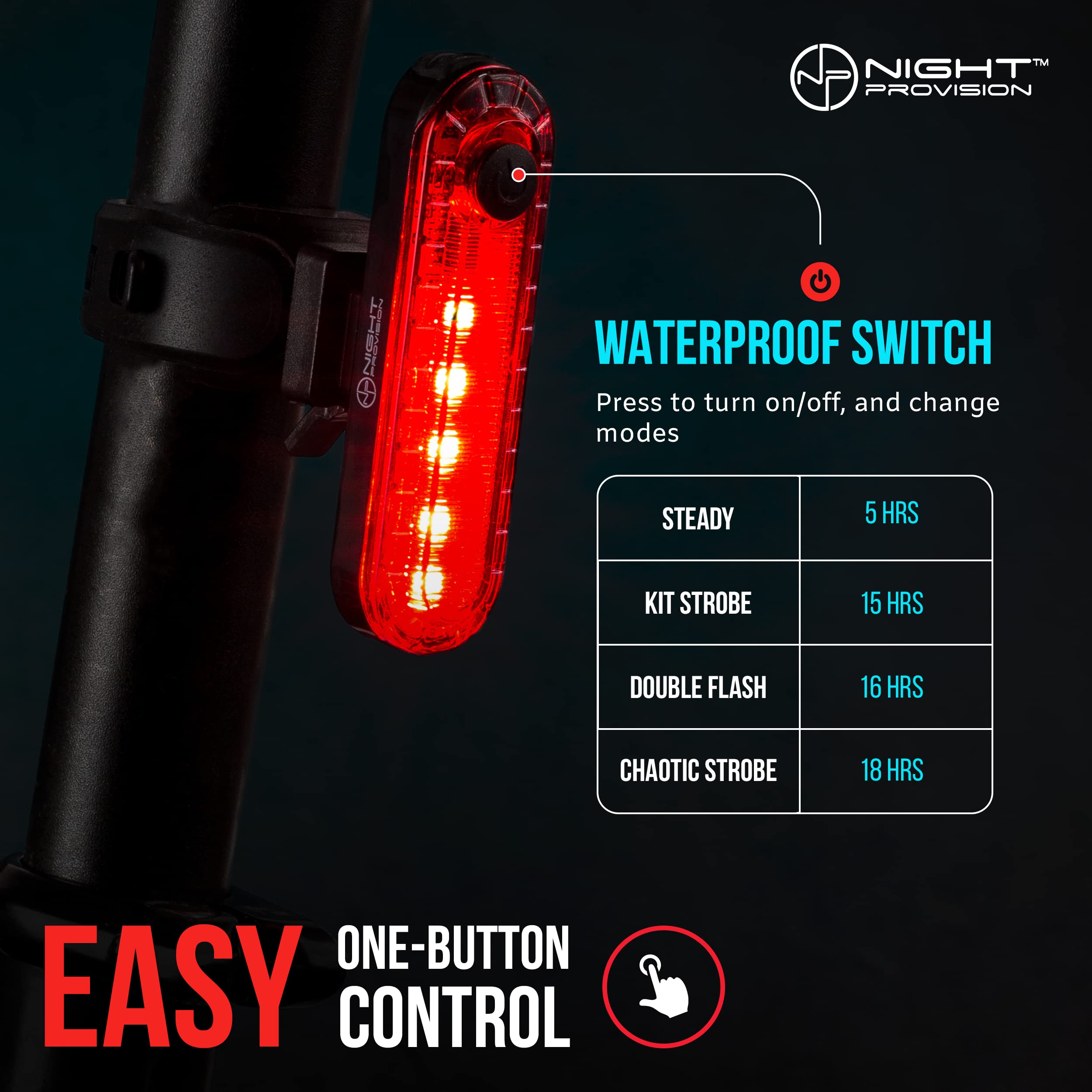 NP NIGHT PROVISION Bike Tail Light 2 Pack - USB C Rechargeable, 4 Modes, Red, Model KIT-R1, 18 Hour Max for Night Riding Safety