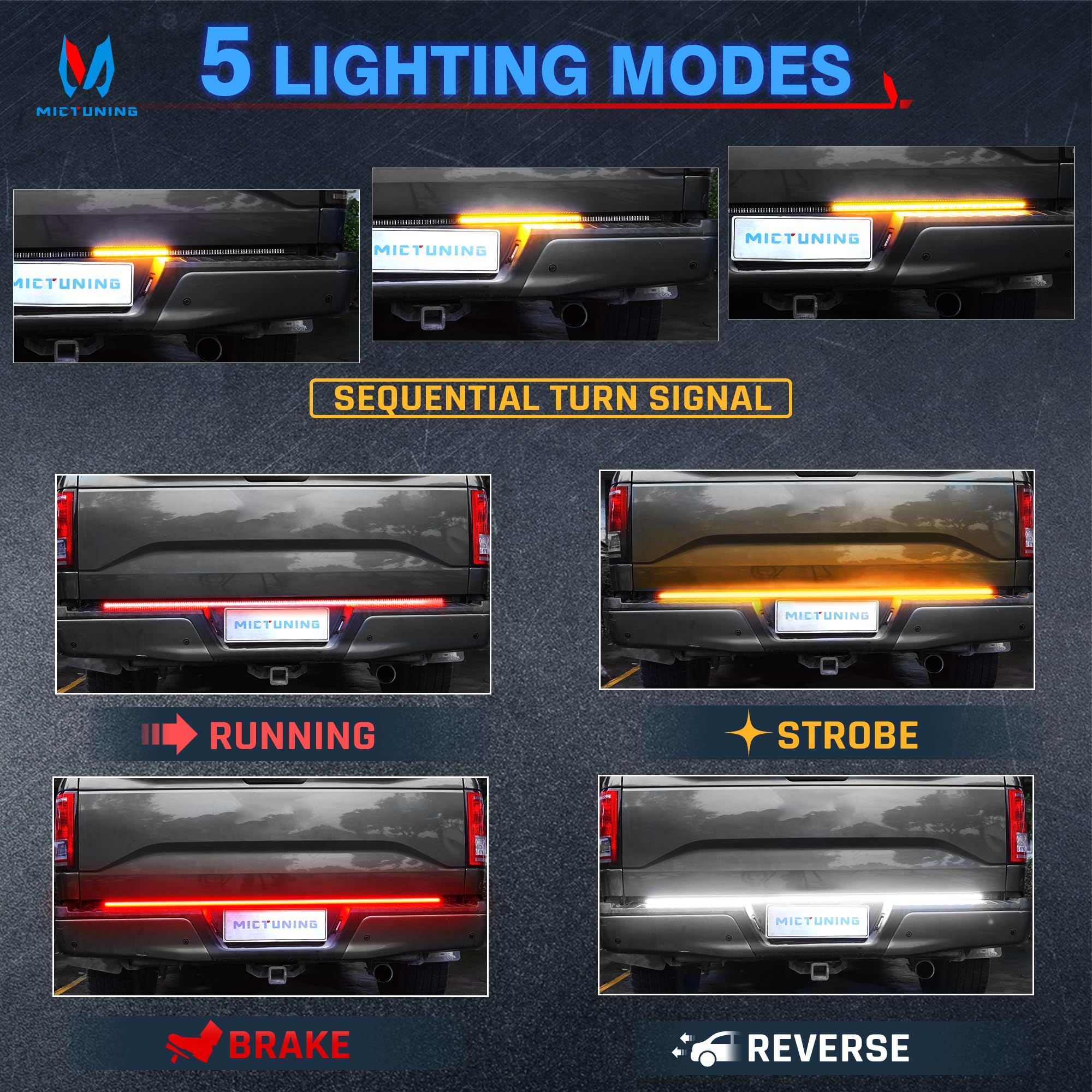 MICTUNING Tailgate Strip Light - 48" Waterproof 360 LED, 5 Functions, Sequential Amber Turn Signal, Red Brake, White Reverse