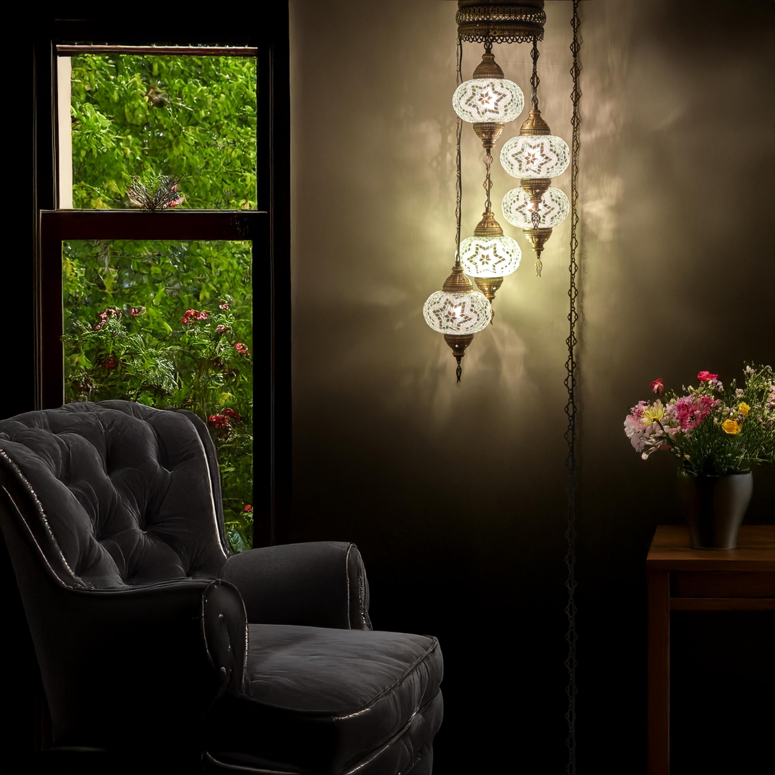 DEMMEX - 5-Large 7 Globes Turkish Moroccan Mosaic Plug-in Chandelier - Colorful Bohemian Pendant Light with 15-ft Cord&Chain,