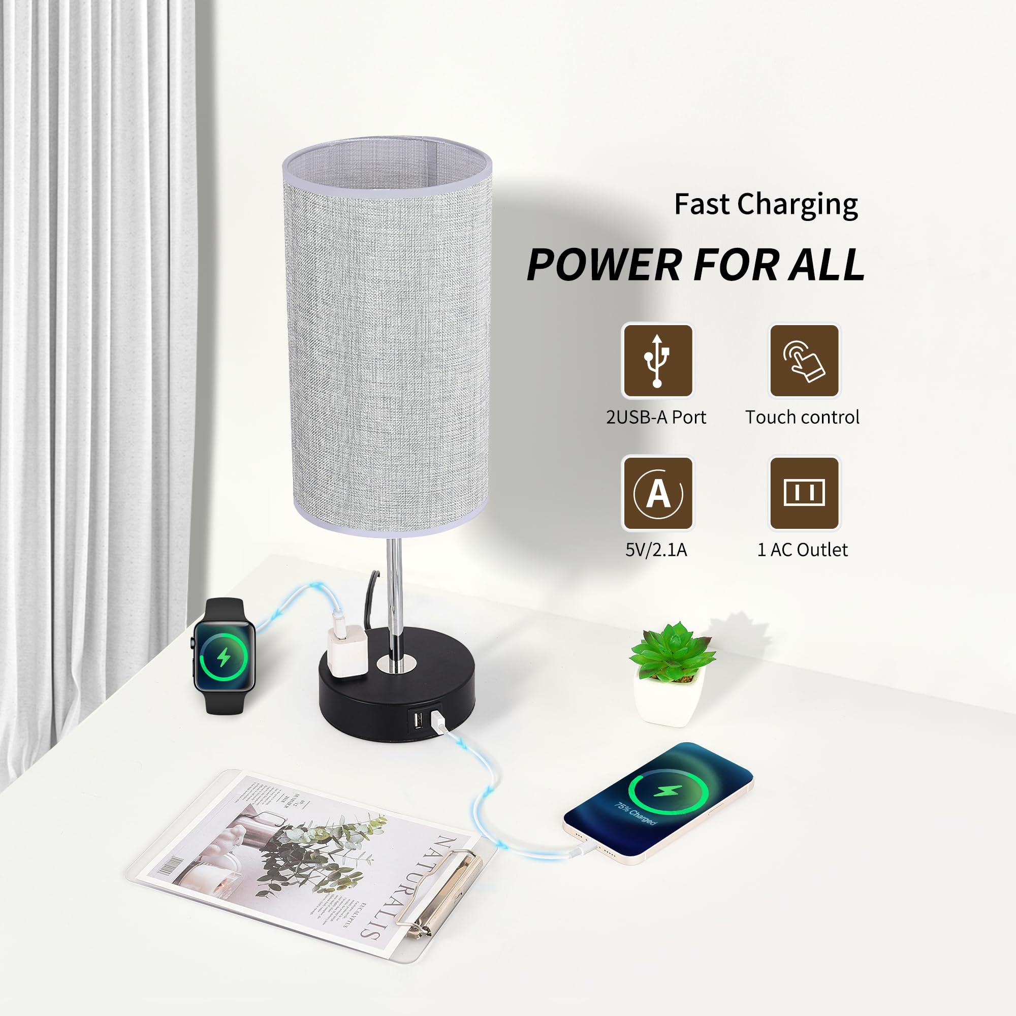 Woderdeng Touch Control Table Lamp - 3-Way Dimmable Bedside Lamps With Usb Port And Outlet,Nightstand Lamp For Bedroom Decor,Lig