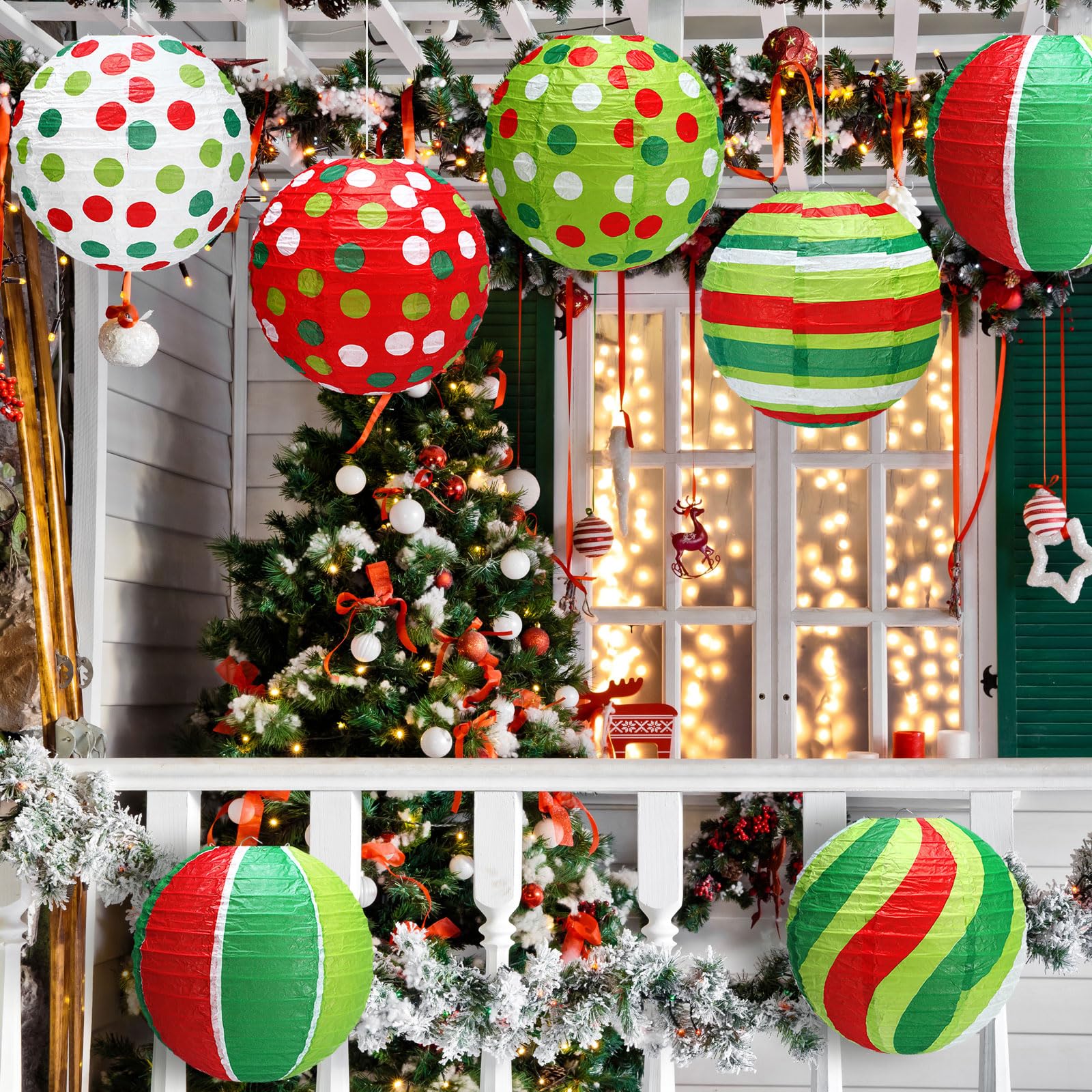 Rossesay 12 Pcs Red And Green Paper Lantern 8 Inch Christmas Hanging Lantern Indoor Outdoor Decorative Round Hanging Decor Ornam