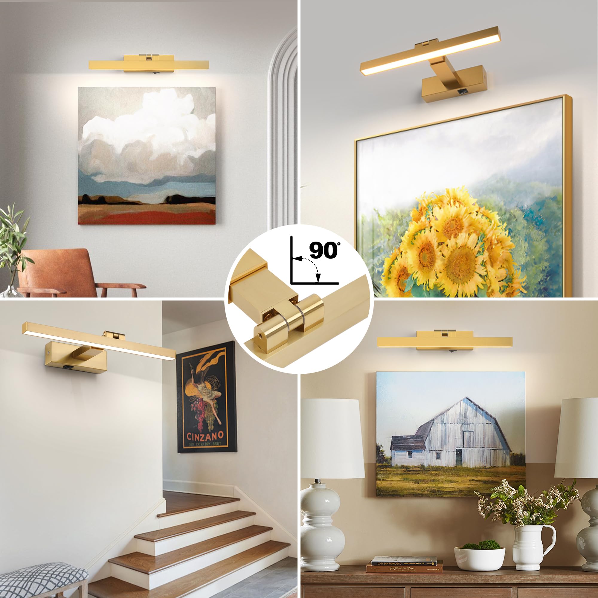 Zitostory Battery Operated Picture Lights For Wall Dimmable Wireless Art Lights For Paintings Adjustable Wall Sconce With Remote (Brass, 16Inch)