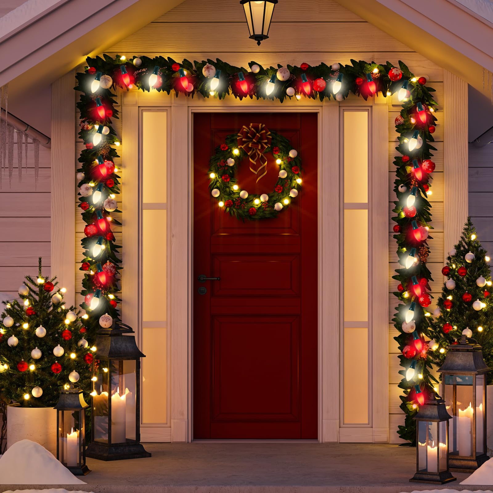 C7 Led Red And White Christmas Lights, 25Ft Outdoor Decorations With 27 Shatterproof Bulbs, Hanging Vintage Christmas Lights For