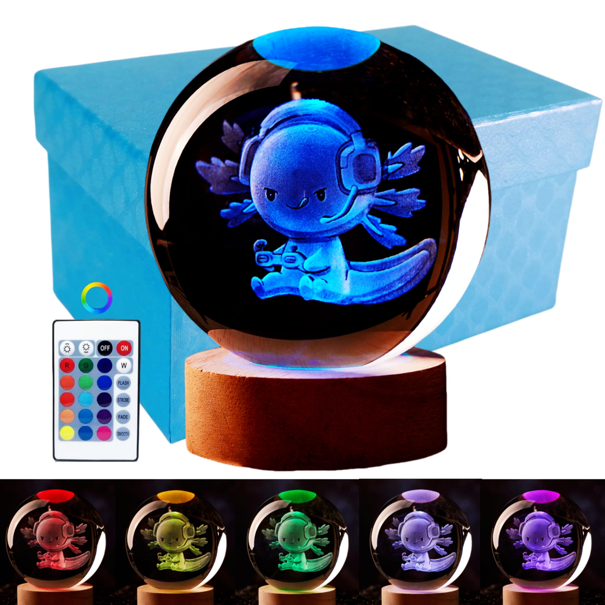 LMLOBEP Large Axolotl Crystal Ball Night Light with Woodern Base  3D Axolotl Crystal Lamp 16 Color Changing with Remote Control  Laser Engraved Glass Ball Lamp  Room Decor (Axolotl)