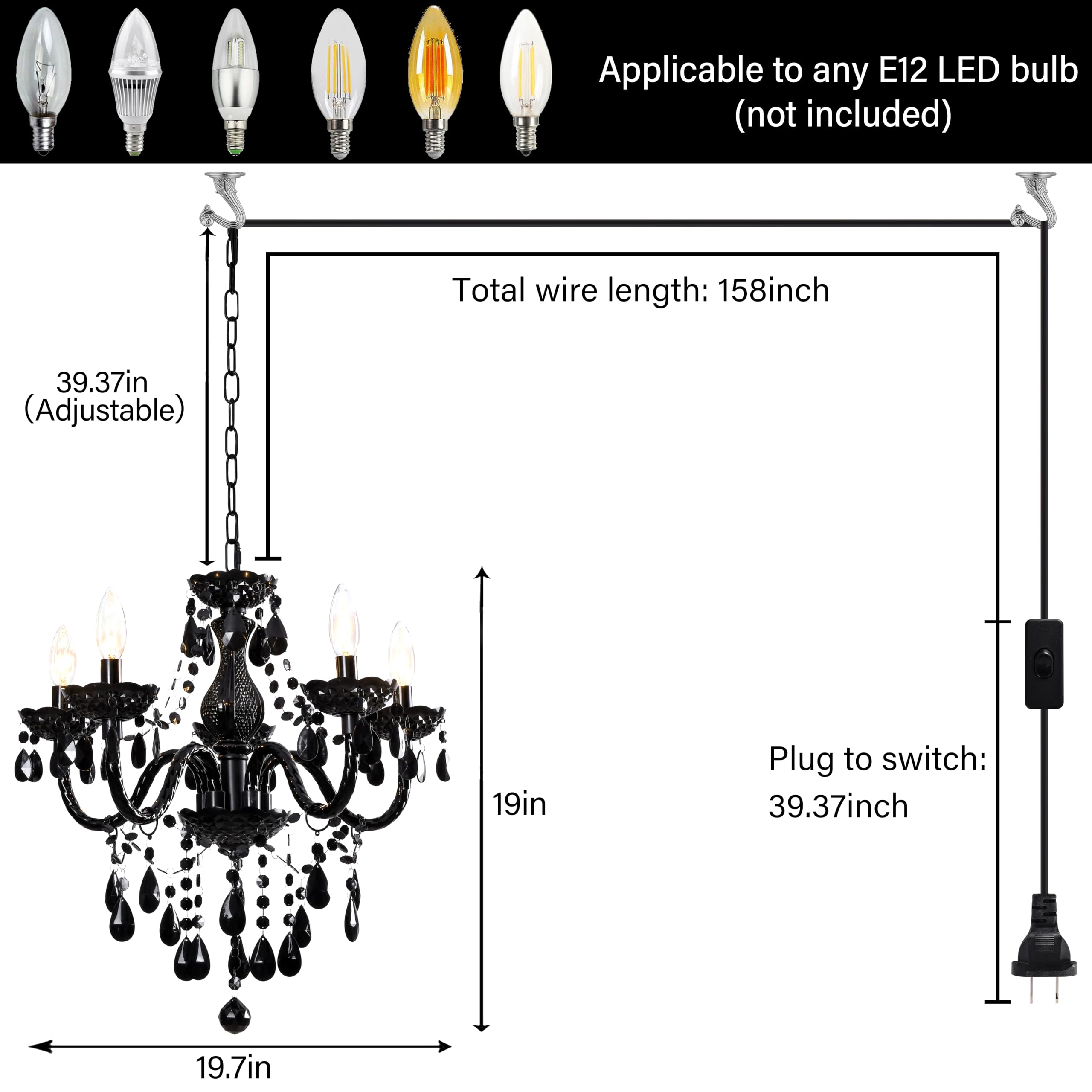 Black Modern 5-Light Crystal Chandelier Acrylic Hanging Pendant Light With Plug-In Cord & Switch, 19X19.7 Inch For Kitchen Islan