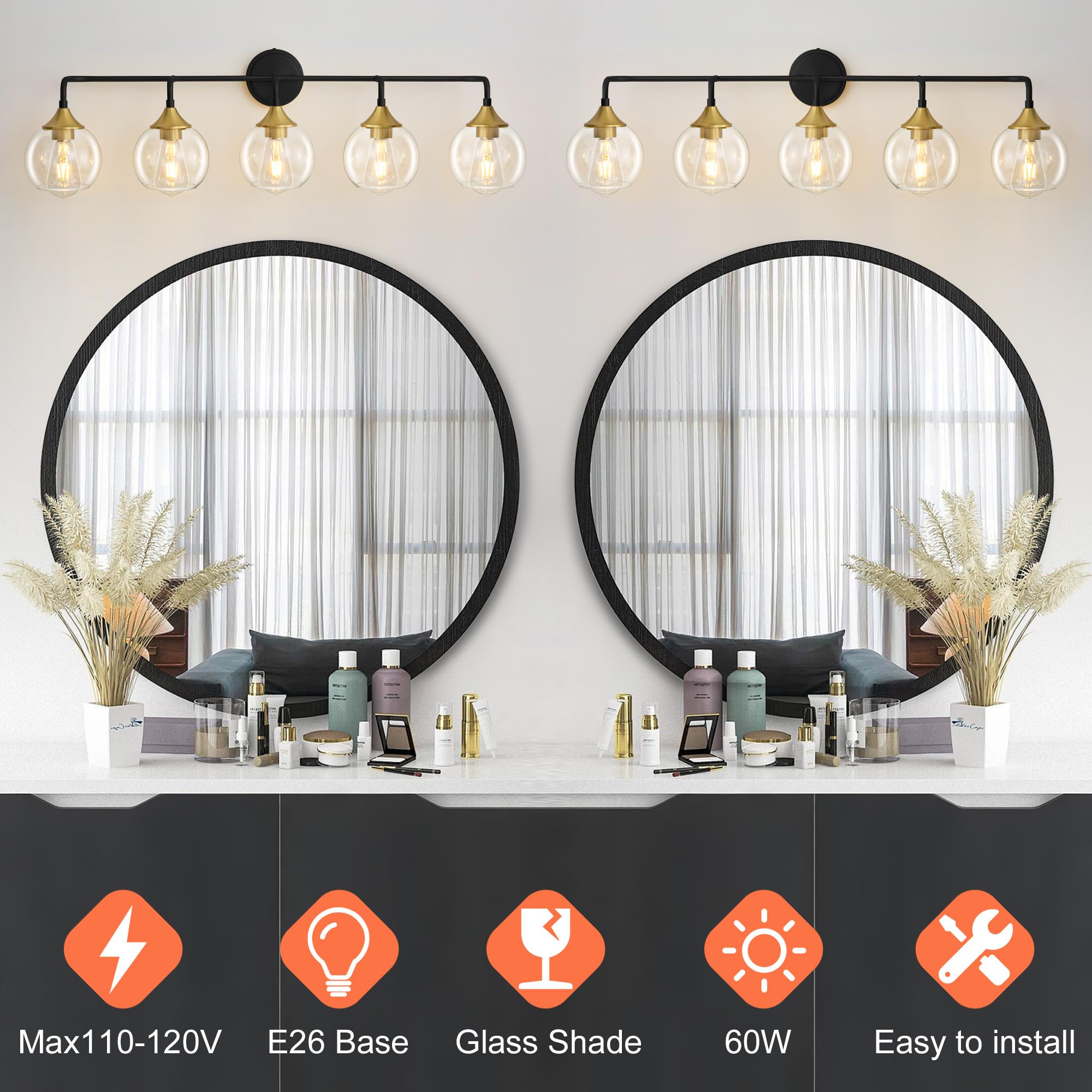 Gednbo Bathroom Vanity Light, 5-Lights, Metal, Black and Gold, Model G1796, Clear Glass Shade, E26 Base, 39 Inch Lighting Fixture