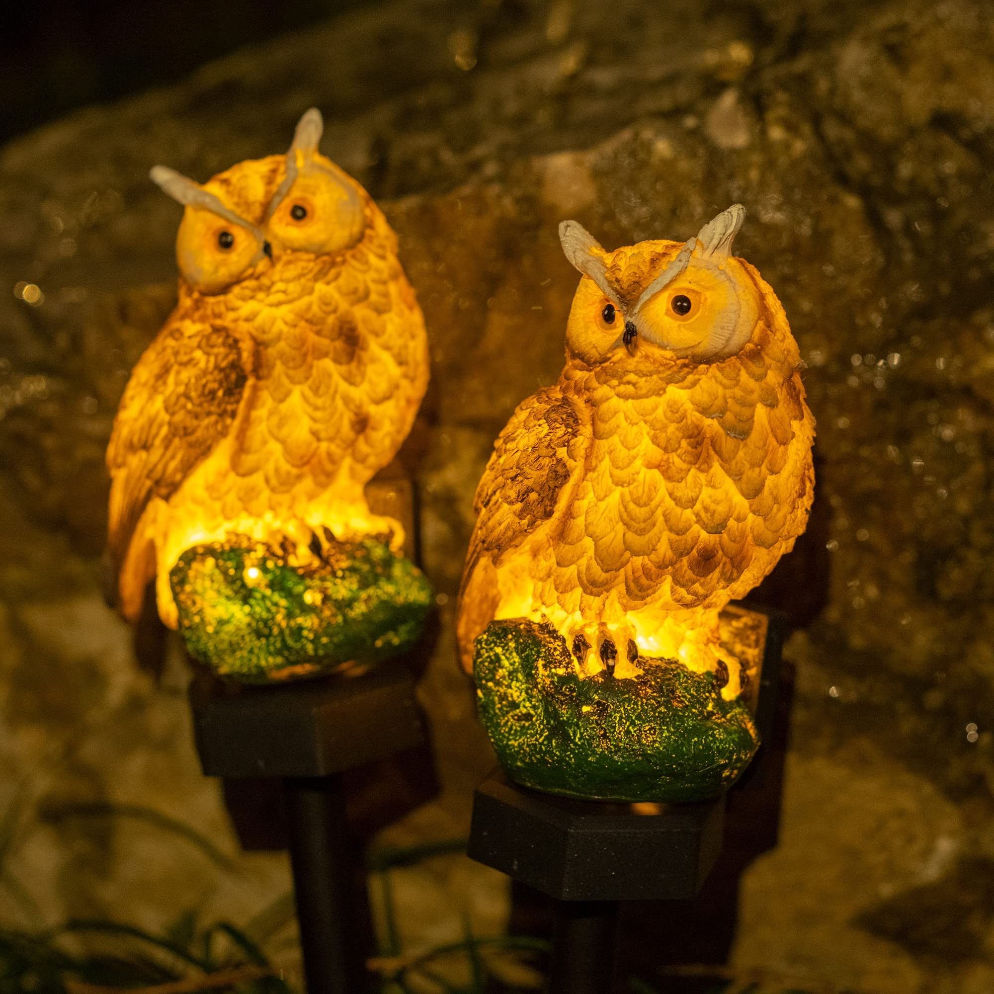 Dazzle Bright Owl Solar LED Lights, Brown Resin Garden Decor, Waterproof Outdoor 2 Pack