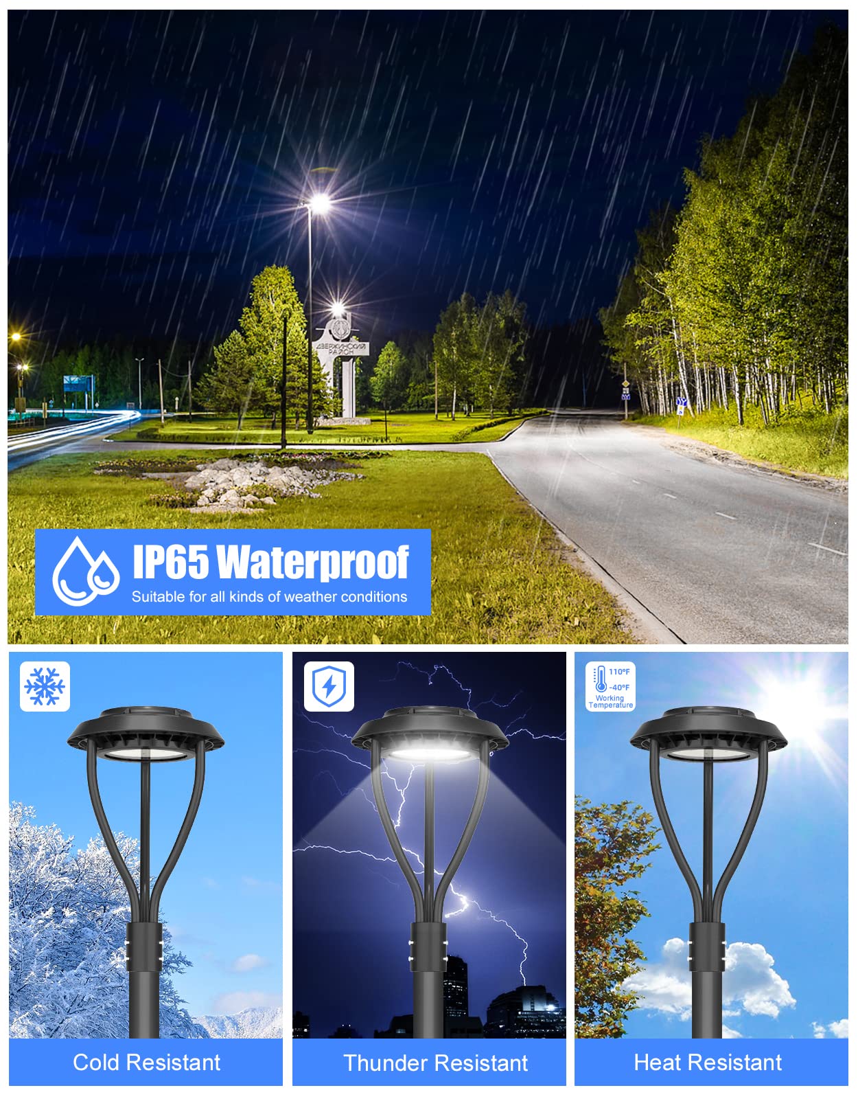 KUKUPPO 100W LED Post Top Light - 14000Lm, Adjustable CCT 3000K/4000K/5000K, IP65 Waterproof, Model NG-PT