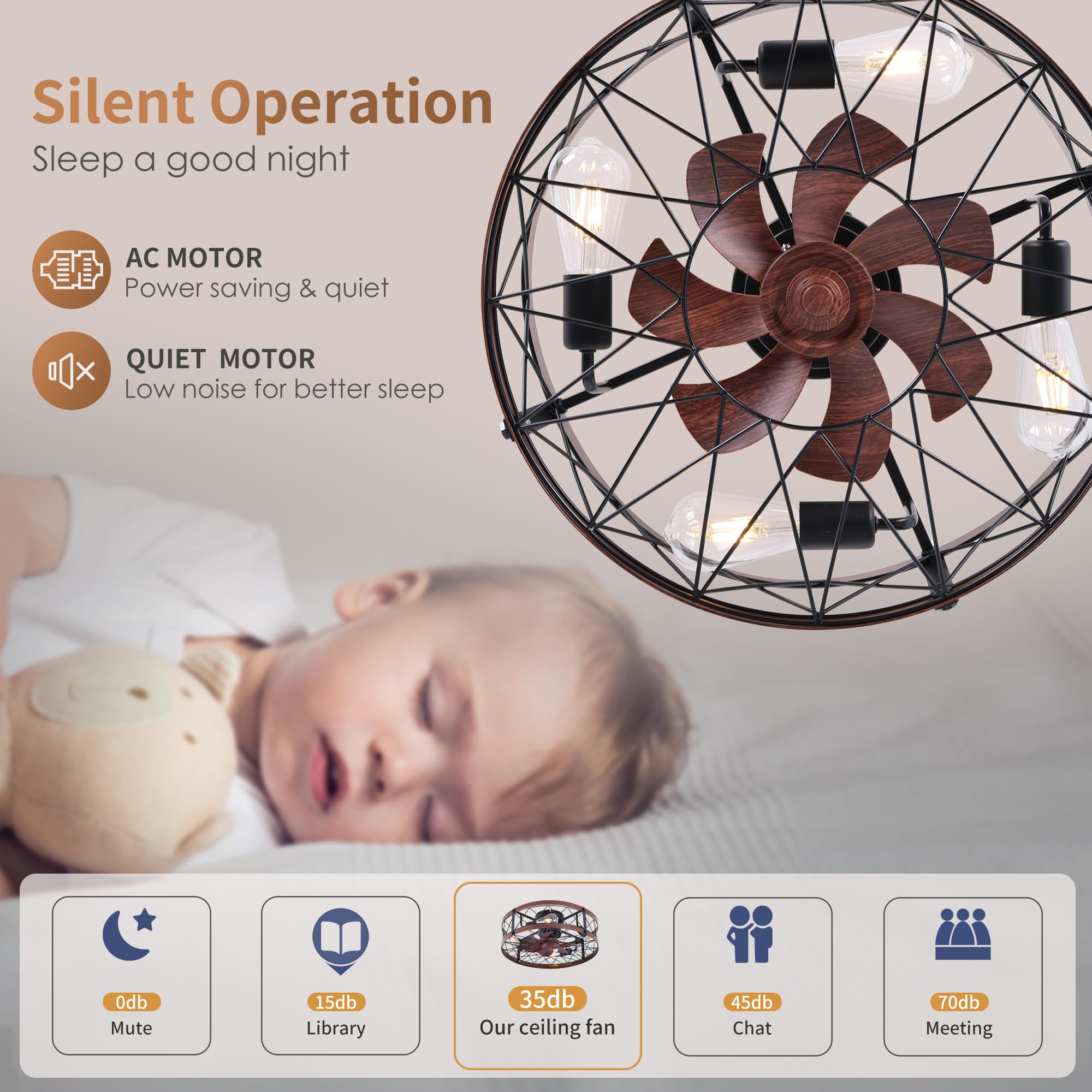 REDSTAR Flush Mount Caged Ceiling Fan, 20" Bladeless, 4-Speed, Iron, Black Brush Gold, Model A264, Ideal for Bedroom & Kitchen