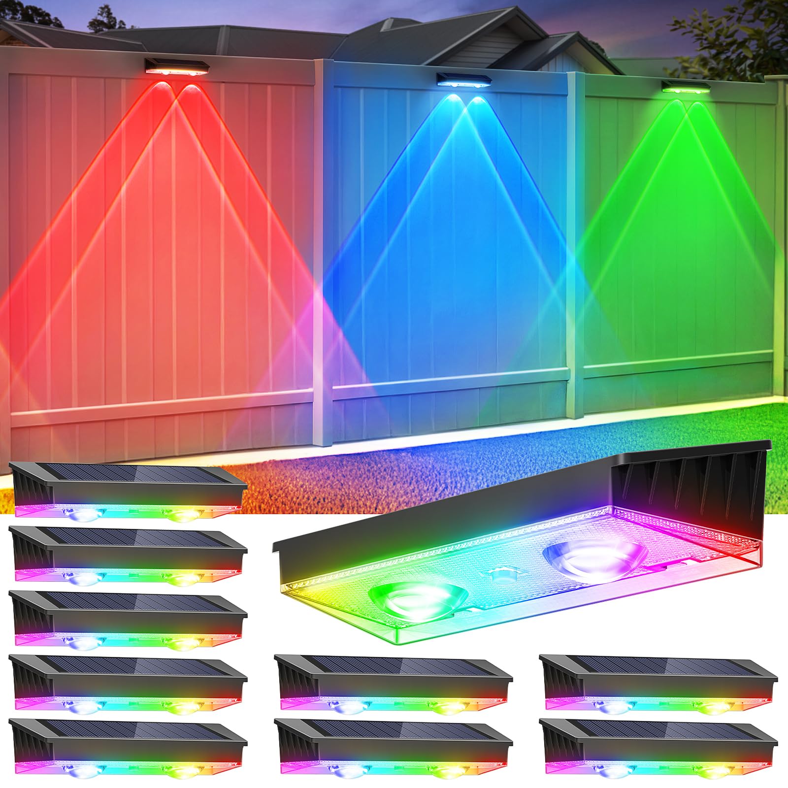 Solar Fence Lights Outdoor, 10 Pack Warm White/RGB Fence Solar Lights with 2 LED, IP65 Waterproof, Backyard Patio Decor for Deck