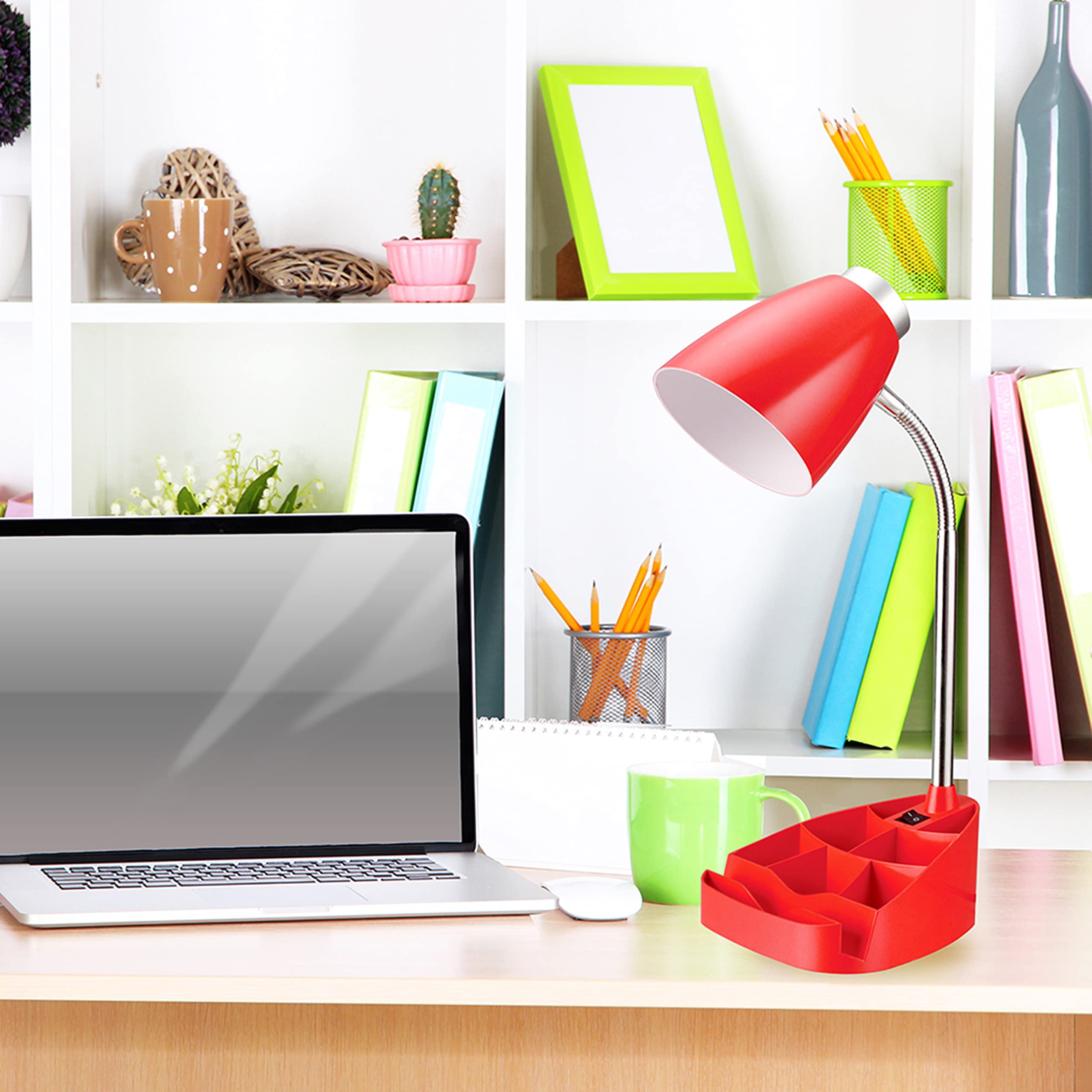 Simple Designs Ld1002-Red Gooseneck Organizer Desk Lamp With Ipad Tablet Stand Book Holder, Red