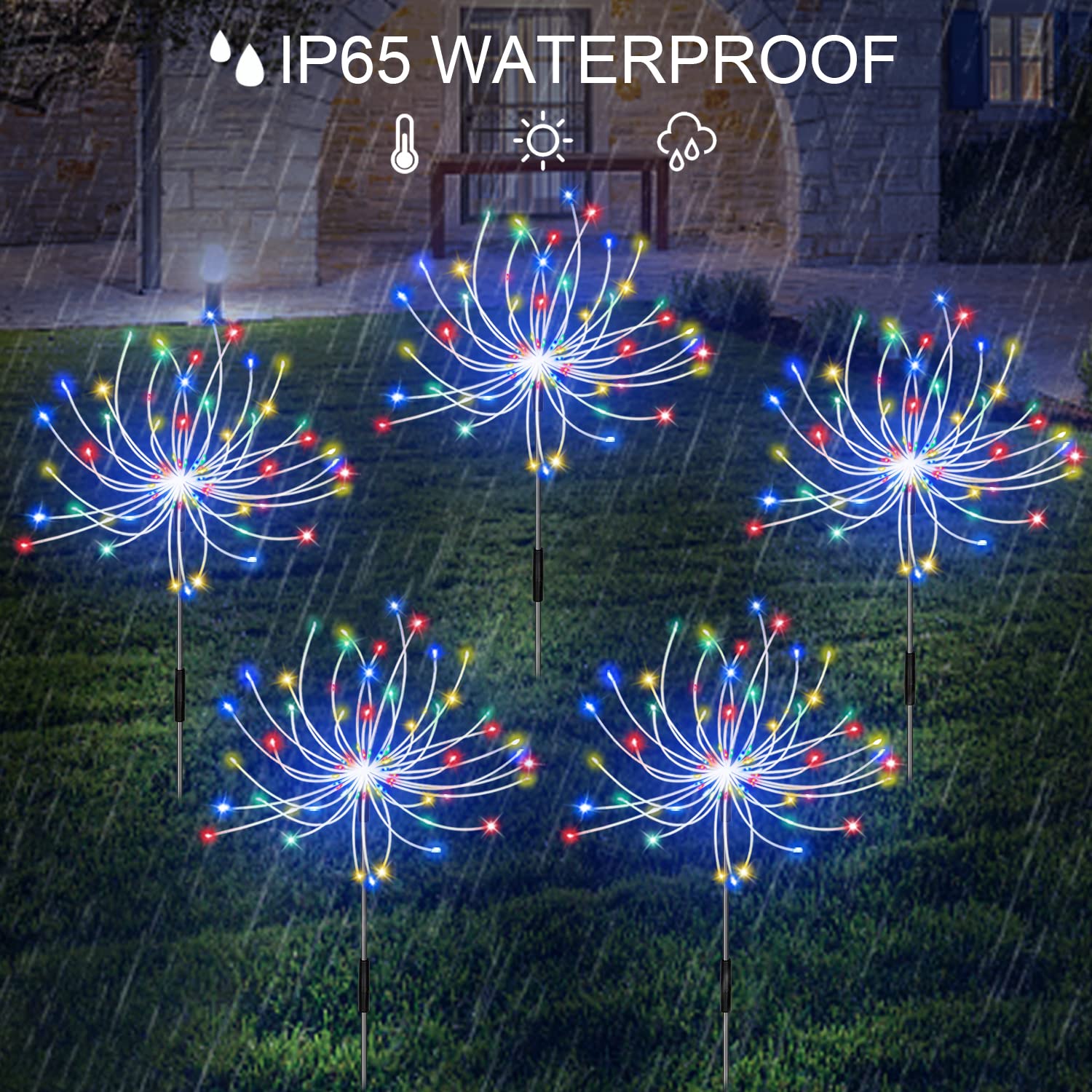 Solar Firework Lights, Garden Lights 5 Pack 120 Led Remote Control Solar Decorative Lights, Waterproof Stake Landscape Lights With 8 Flashing Modes, For Garden Pathway Courtyards Decor(Colorful)