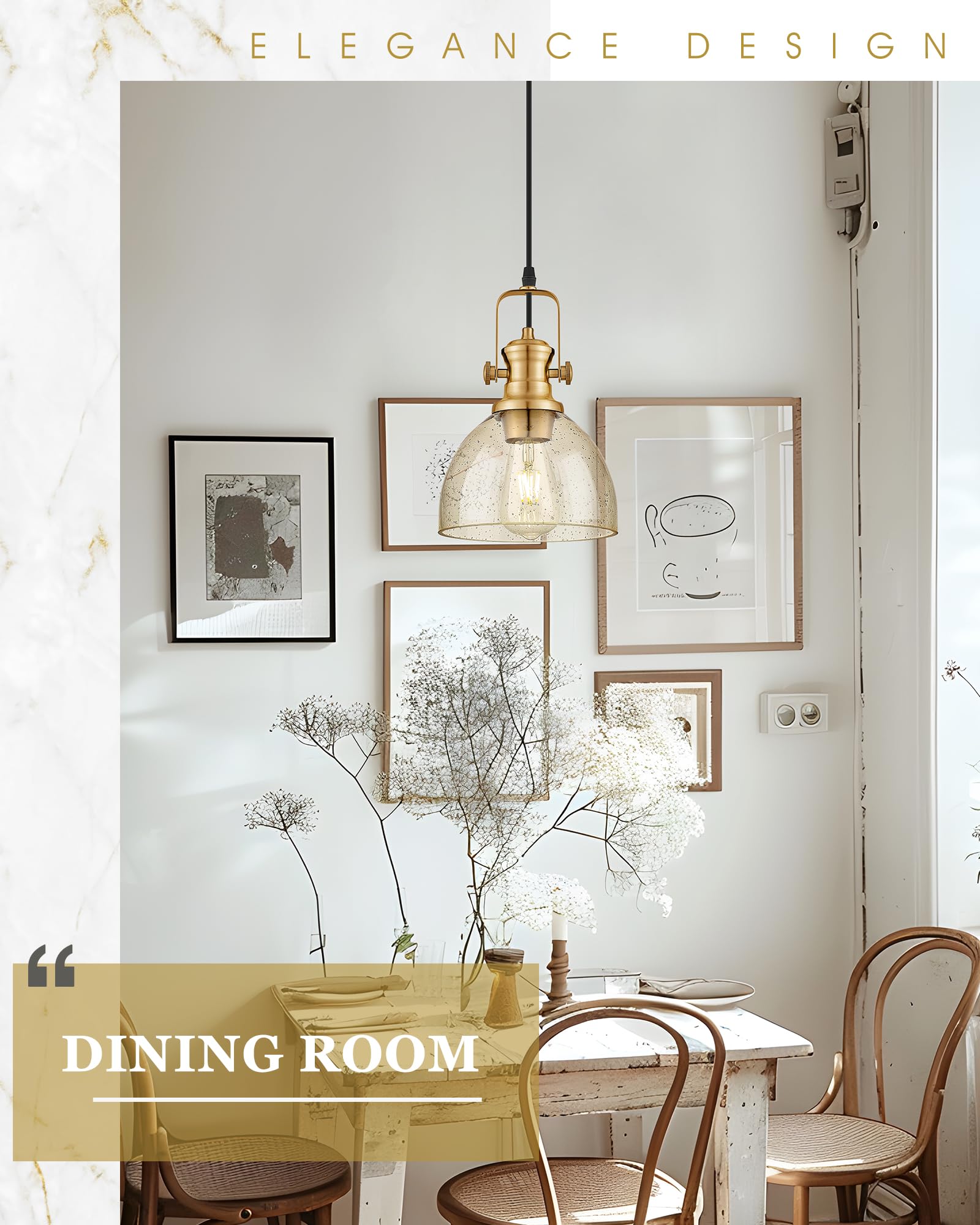 Audickic Pendant Lights Kitchen Island, 7.5" Farmhouse Pendant Lighting With Amber Seeded Glass Shade, Vintage Hanging Light Fixtures For Dining Room, Brushed Gold, Ad-22151-1P-Gd-Or