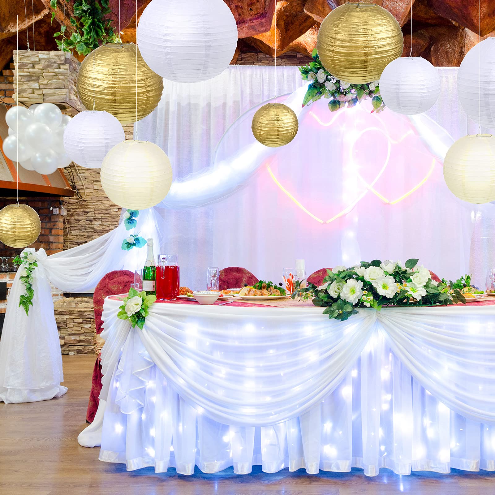Pelopy 18 Pcs Gold, Beige, White Paper Lanterns 4/6/8/12 Inches Chinese Japanese Round Lamp For Paper Lanterns Indoor New Year W
