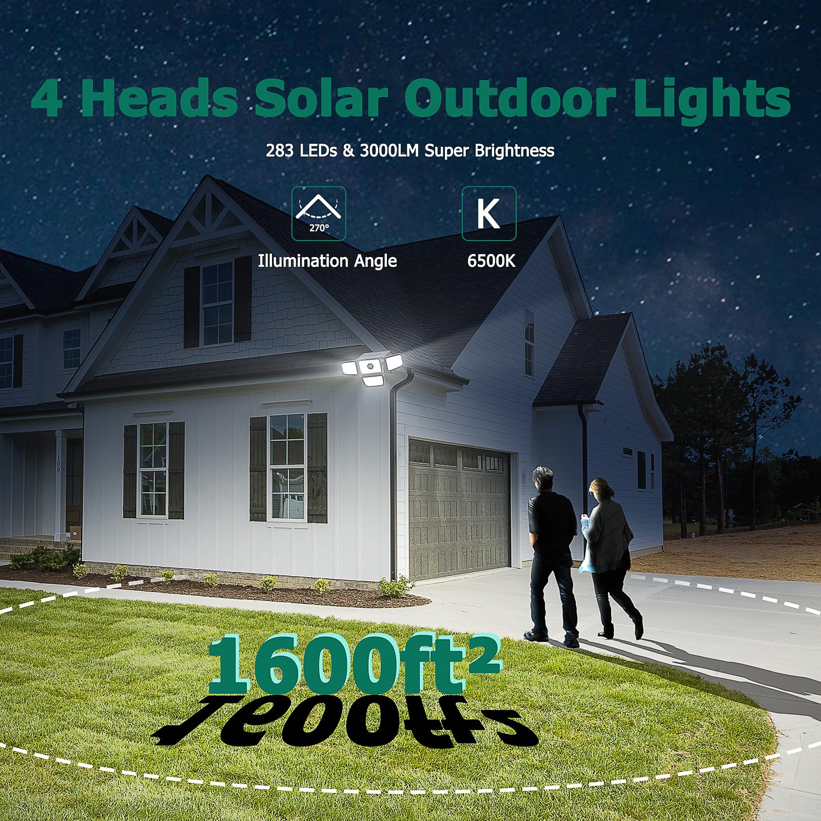 omibee Solar Lights Outdoor 3000LM, 4 Adjustable Heads, IP65 Waterproof, Remote Control, Black, Model OEE214A05, 2 Pack