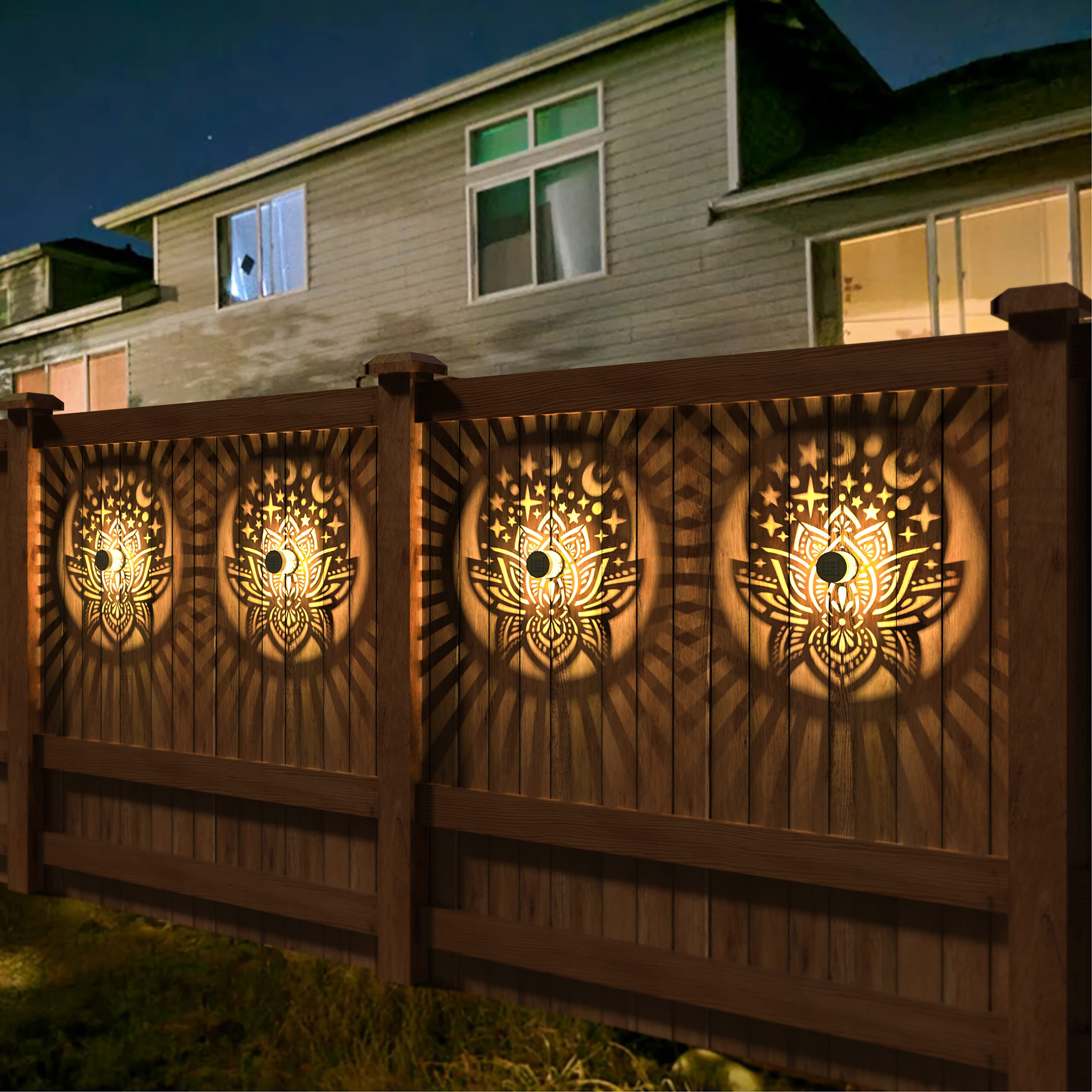 gardencave Solar Fence Lights, Waterproof Outdoor Wall Deck Lights, 4 Pack, Lotus Theme, Model TIH03