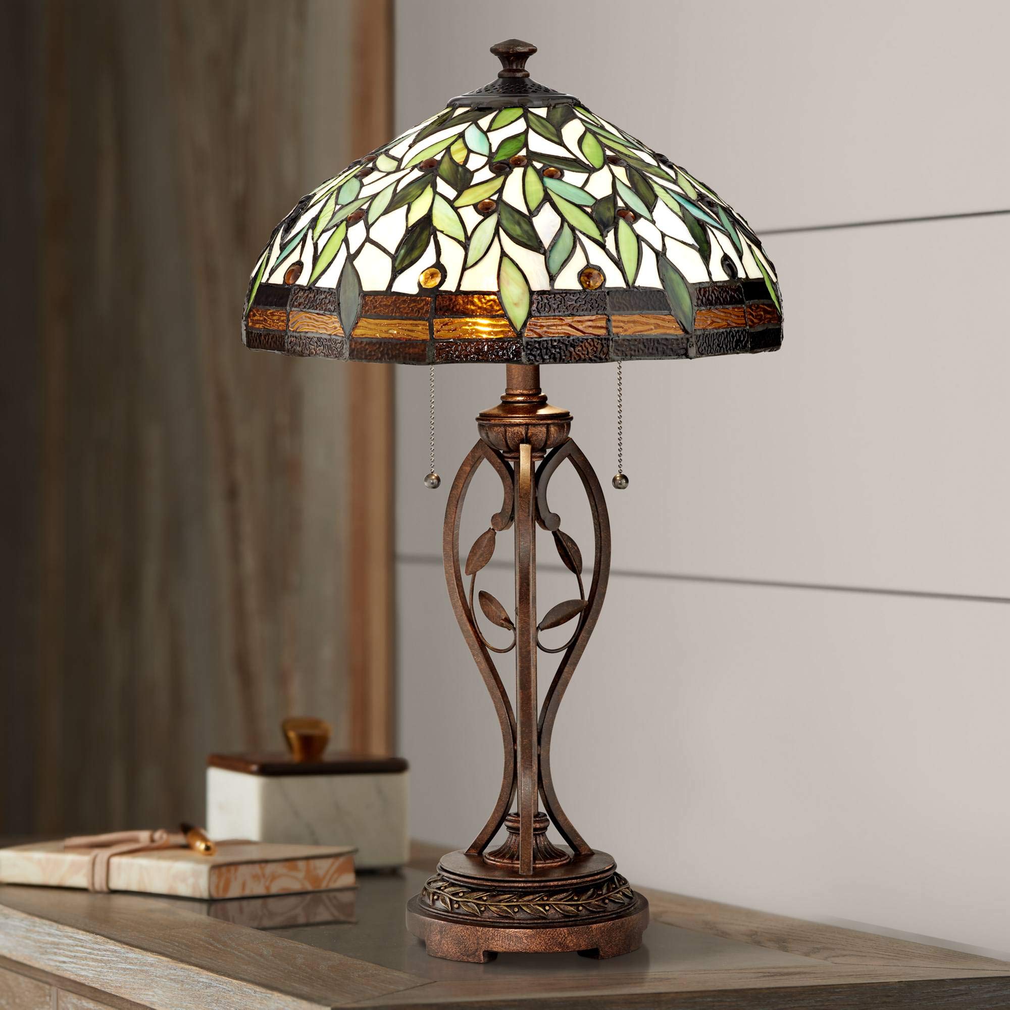 Robert Louis Tiffany Traditional Tiffany Style Table Lamp 26'' High Blossoming Bronze Brown Leaf and Vine Antique Glass Shade De