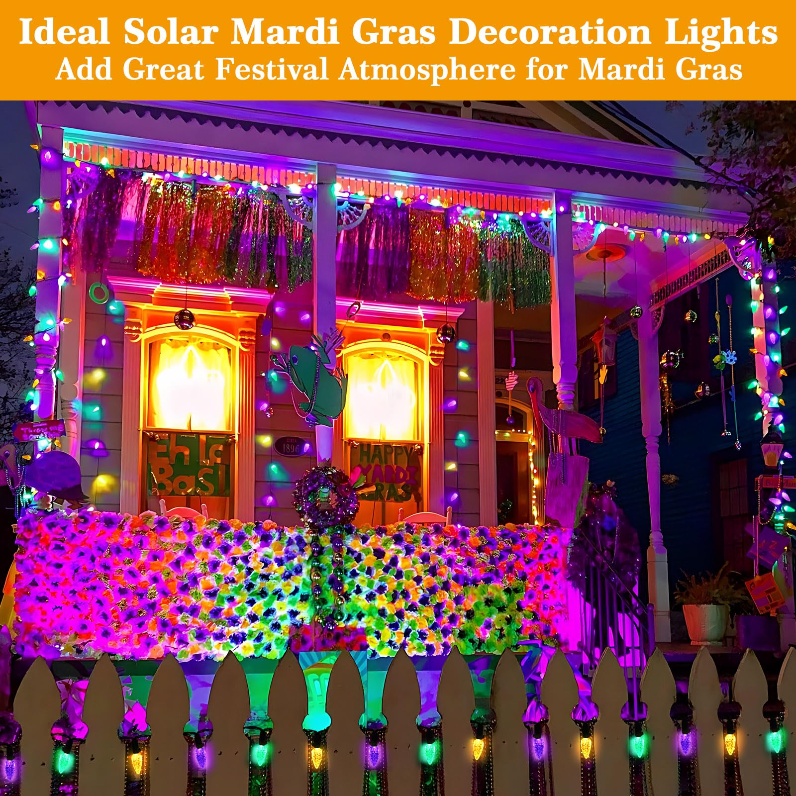 Reyeeinc Solar Mardi Gras Lights, Solar Powered Outdoor Waterproof String Lights With 39Ft 100 Count C6 Strawberry And 8 Modes F
