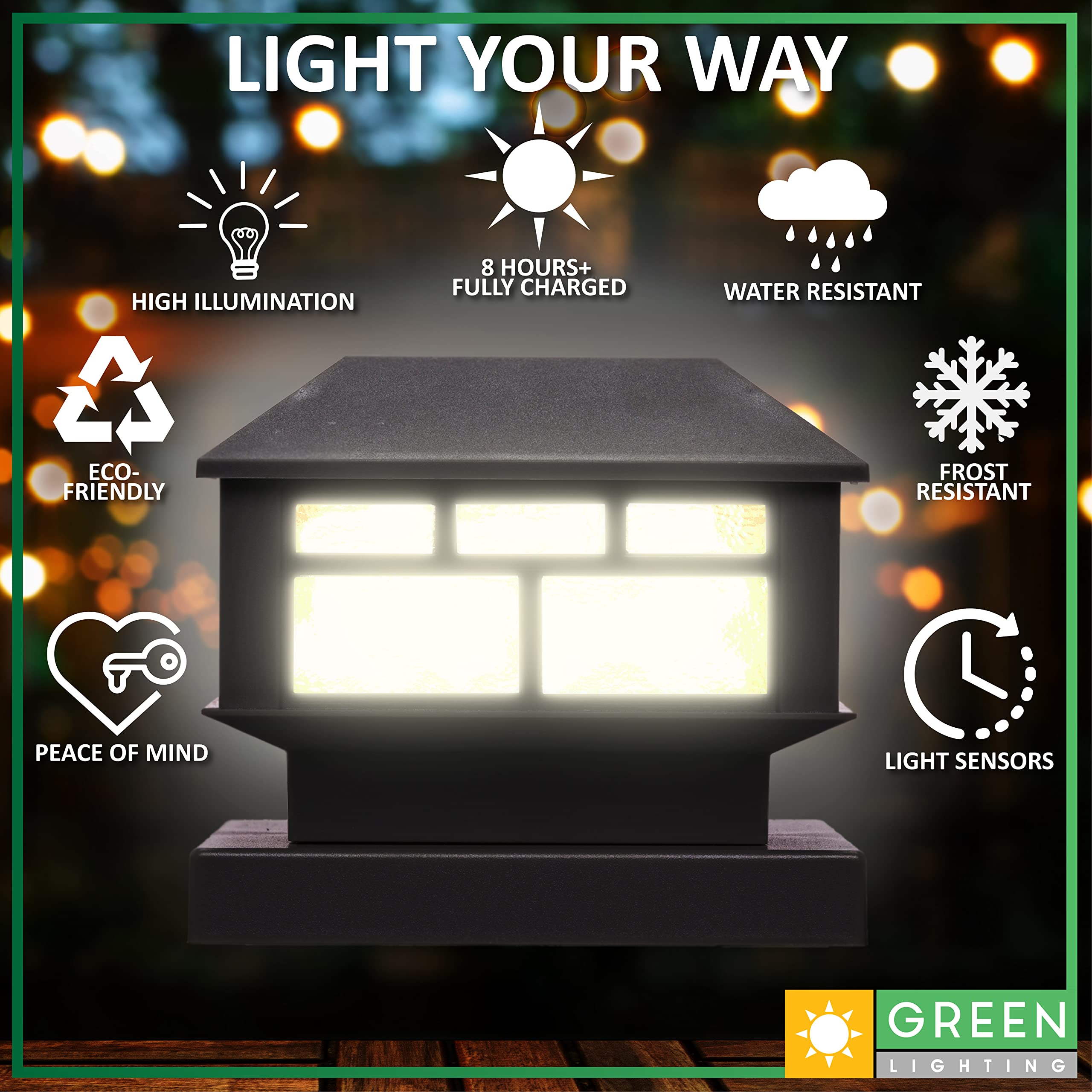GreenLighting Solar Post Cap Lights, Waterproof Black, 4 Pack, Fits 4x4 & 5x5 PVC/Vinyl, Bright LED, Model TN-1222602