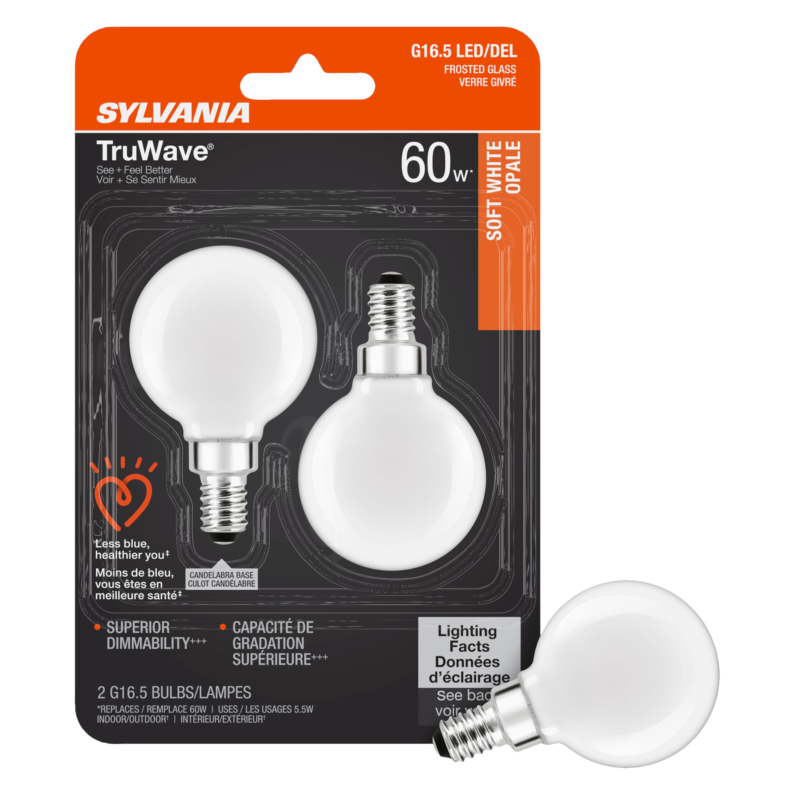 Sylvania LED TruWave Natural Series Decor G16.5 Light Bulb, 60W Equivalent Efficient 5.5W, Candelabra Base, Dimmable, Frosted, 2
