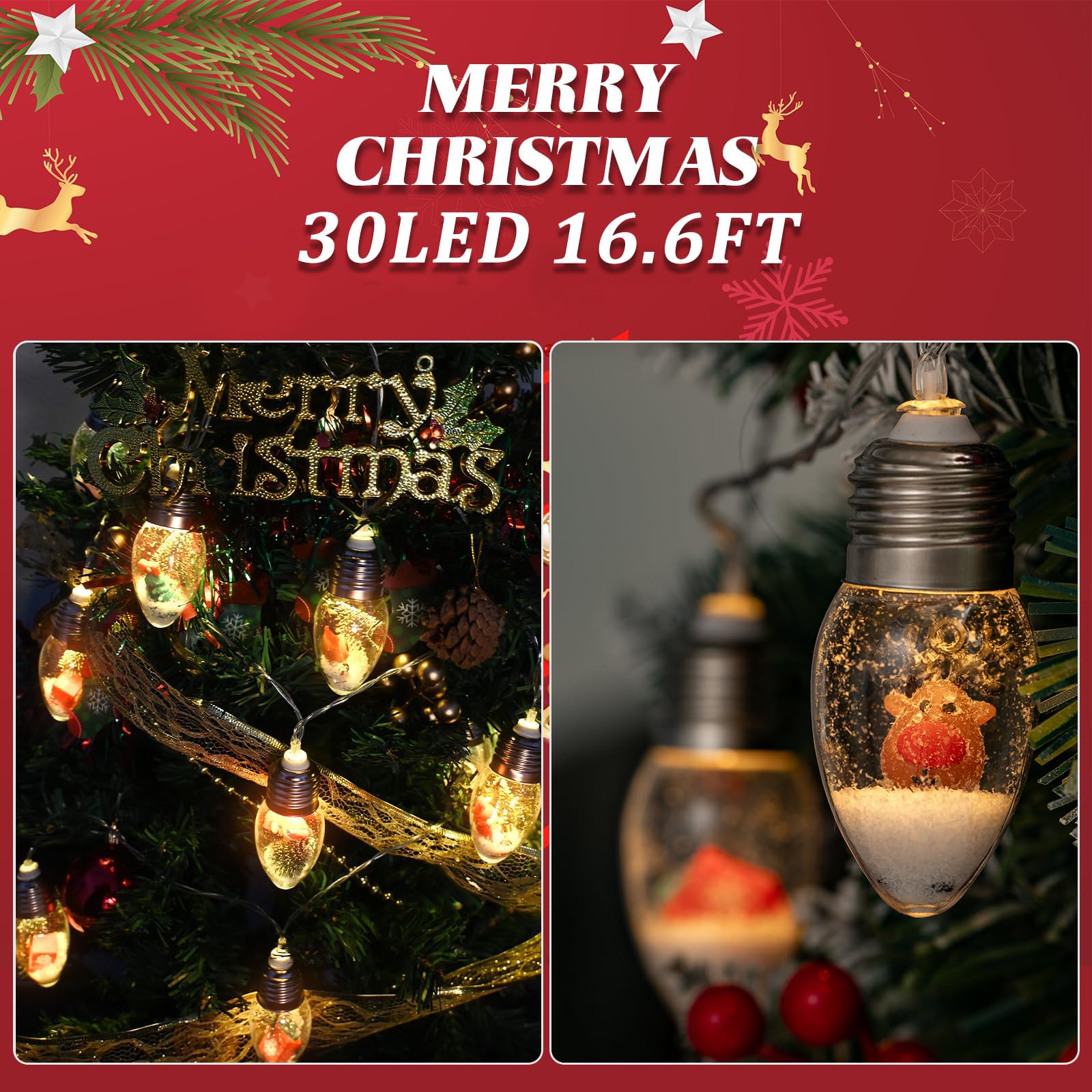16.6Ft Vintage Christmas Lights For Indoor Bedroom Decorations - 30 Led Globe Bulbs String Light With Snow & Cute Ornaments For Home Patio Decor Fireplace Xmas Tree Decoration