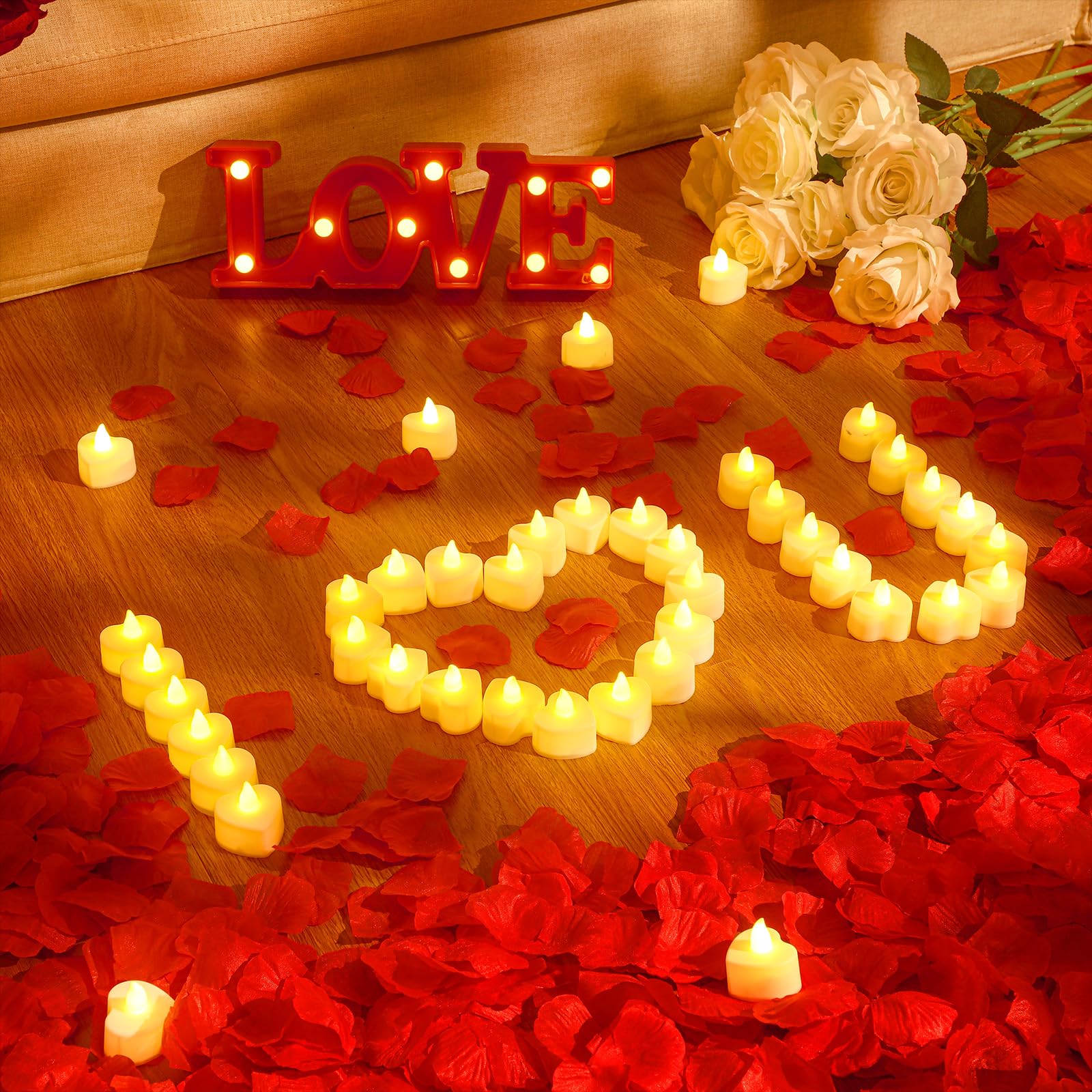 Vihose 4000 Pcs Artificial Rose Petals With 24 Pcs Led Tea Lights Candles Flameless Led Candles Fake Rose Petals For Valentine'S Night Proposal Wedding(Yellow Light, Red Petals)