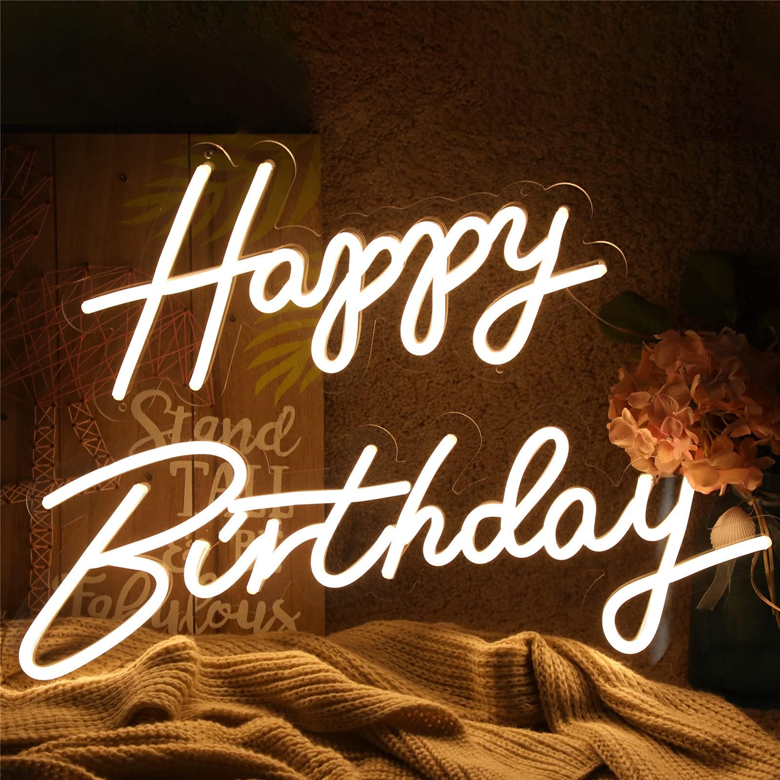 ATOLS Neon Birthday Sign Set, 2PCS with Dimmer, Acrylic, White, 16.5x8in & 23x8in for Wall Decor