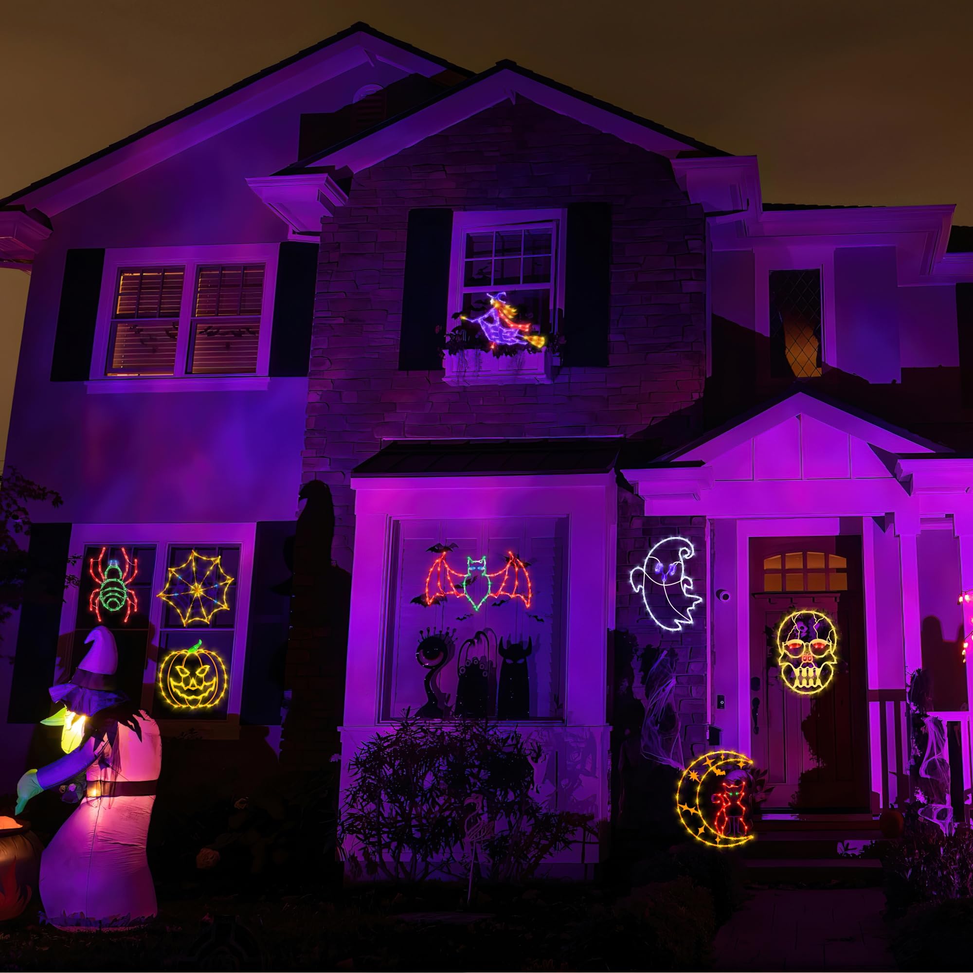 Pytopkto 16" Halloween Window Decorations Lights - 4 Pack Colour Lighted Cat On Moon & Ghost & Pumpkin & Skull Head For Holiday Indoor And Outdoor Wall Door Window Decorate