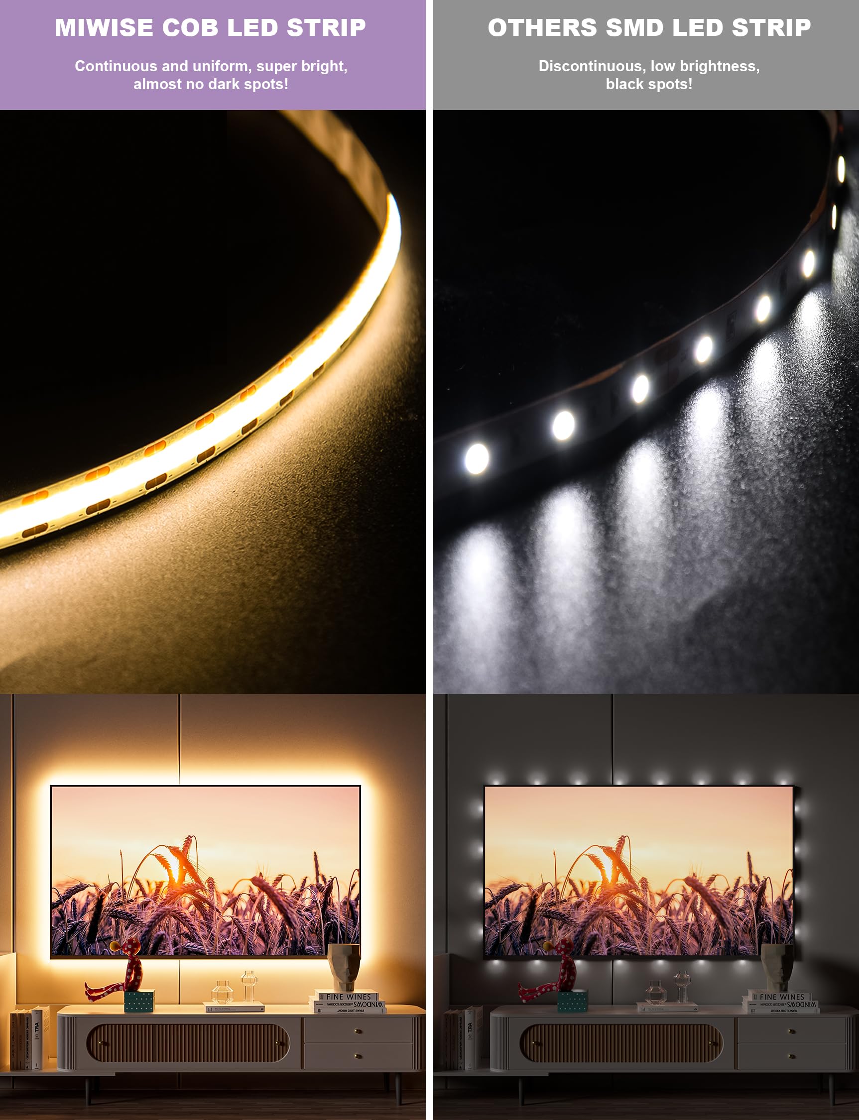 Miwise Cob Led Strip Light 2700K Warm White 6.56Ft/2M,5V Usb Powered Dimmable Led Tape Light With Memory Function Touch Dimmer Switch,For Under Cabinet Lighting,Tv Backlight,3D Printer Diy Projects