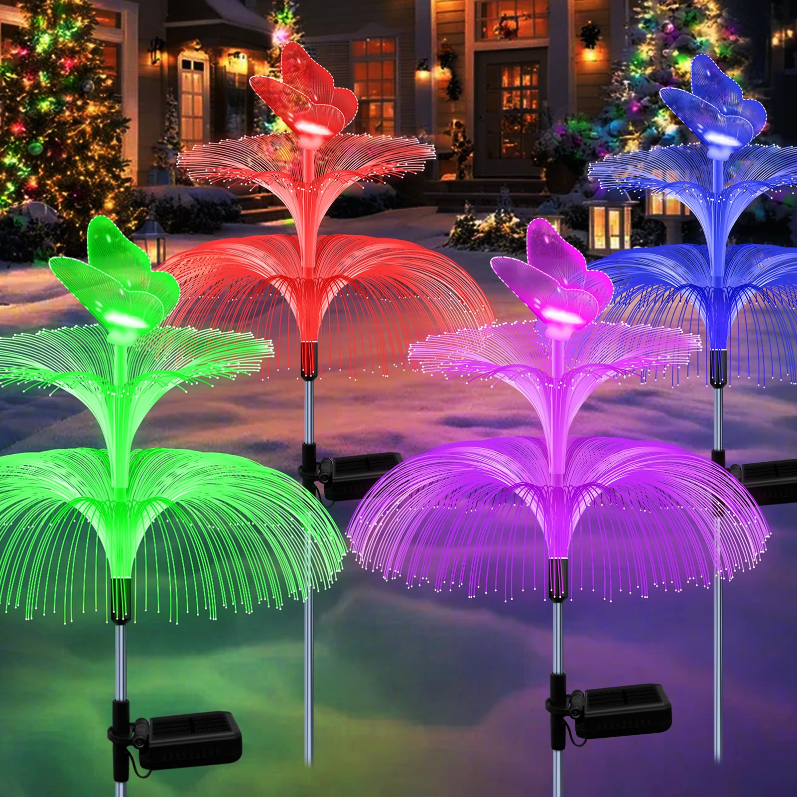 4 Pack Solar Garden Lights, Gardening Birthday Gifts for Mom Grandma Women, Waterproof 7 Color Changing Jellyfish Lights with Bu