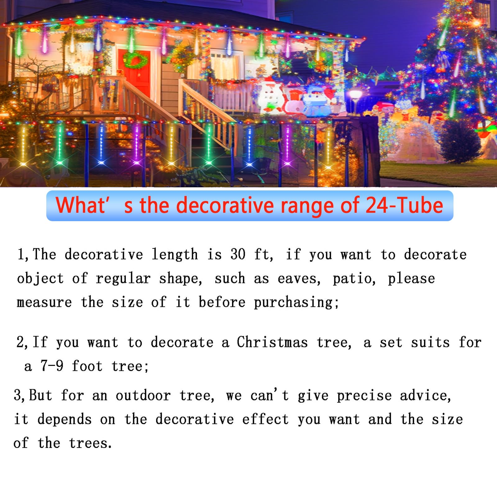 Purtuemy Outdoor Christmas Decorations: Meteor Shower Rain Lights Outdoor 24Tubes(Equivalent To 3 Sets Of 8-Tubes) Icicle Christ