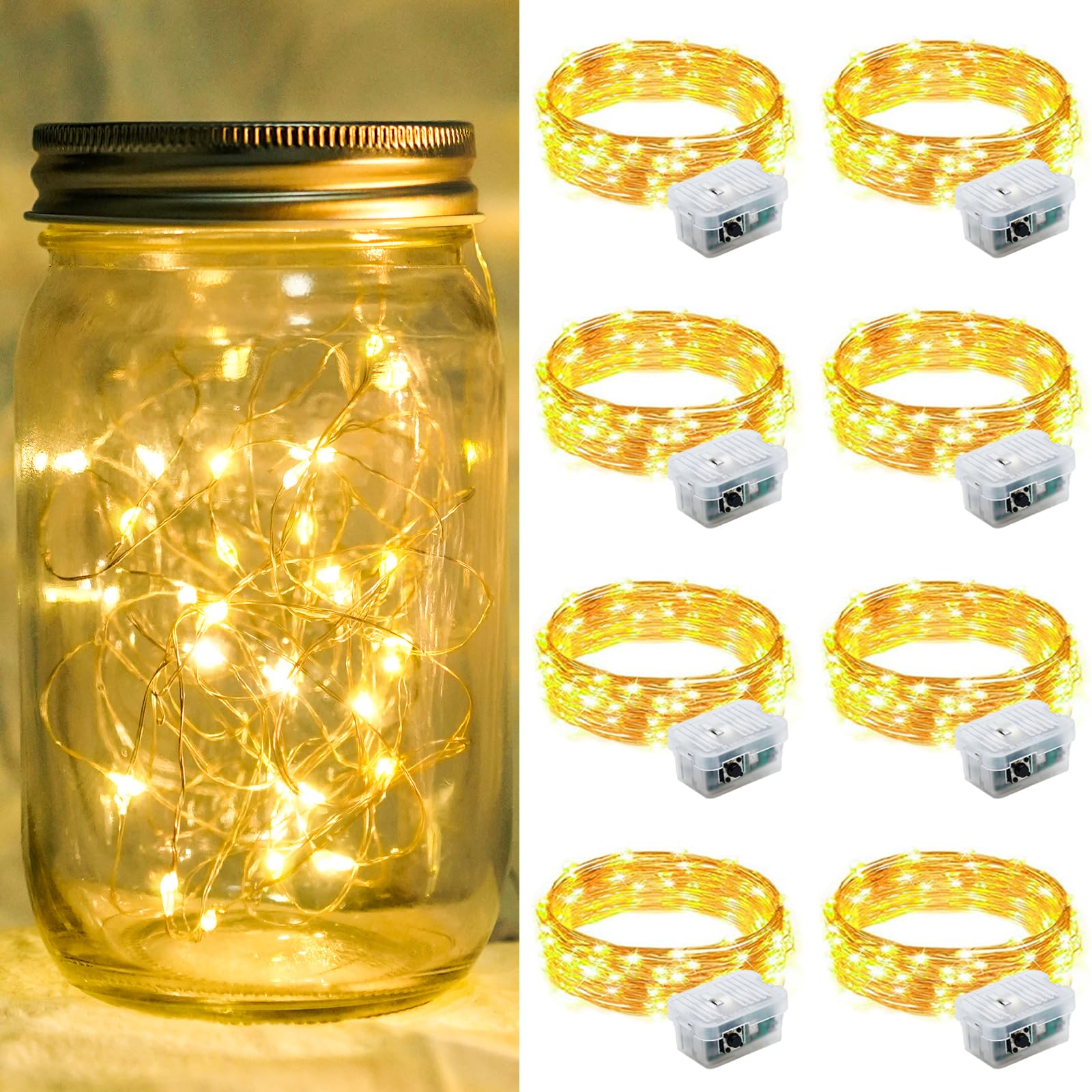 chzk 8 Pack LED Fairy Lights, 20 LED Mini String Lights, Waterproof, Warm White, 7Ft, Model A01-Mini for Home Decor