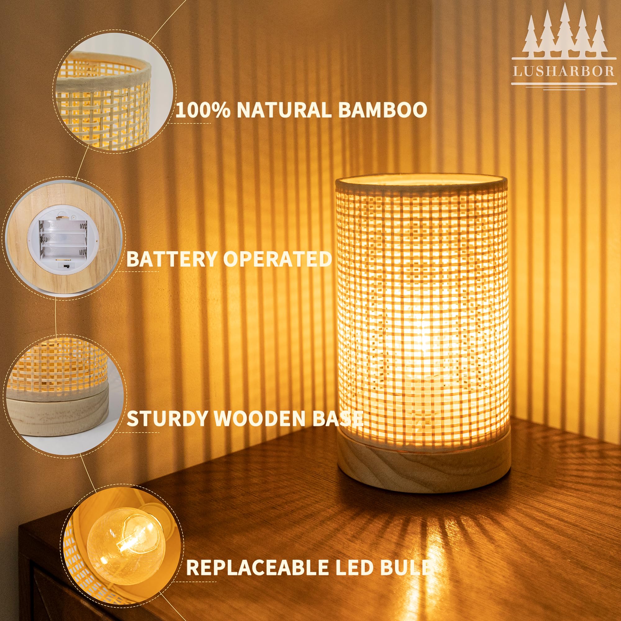 Lusharbor Battery Operated Lamp With Timer, Rattan Boho Table Light Battery Powered Beside Lamps Small Cordless Lamp For Kids Ro