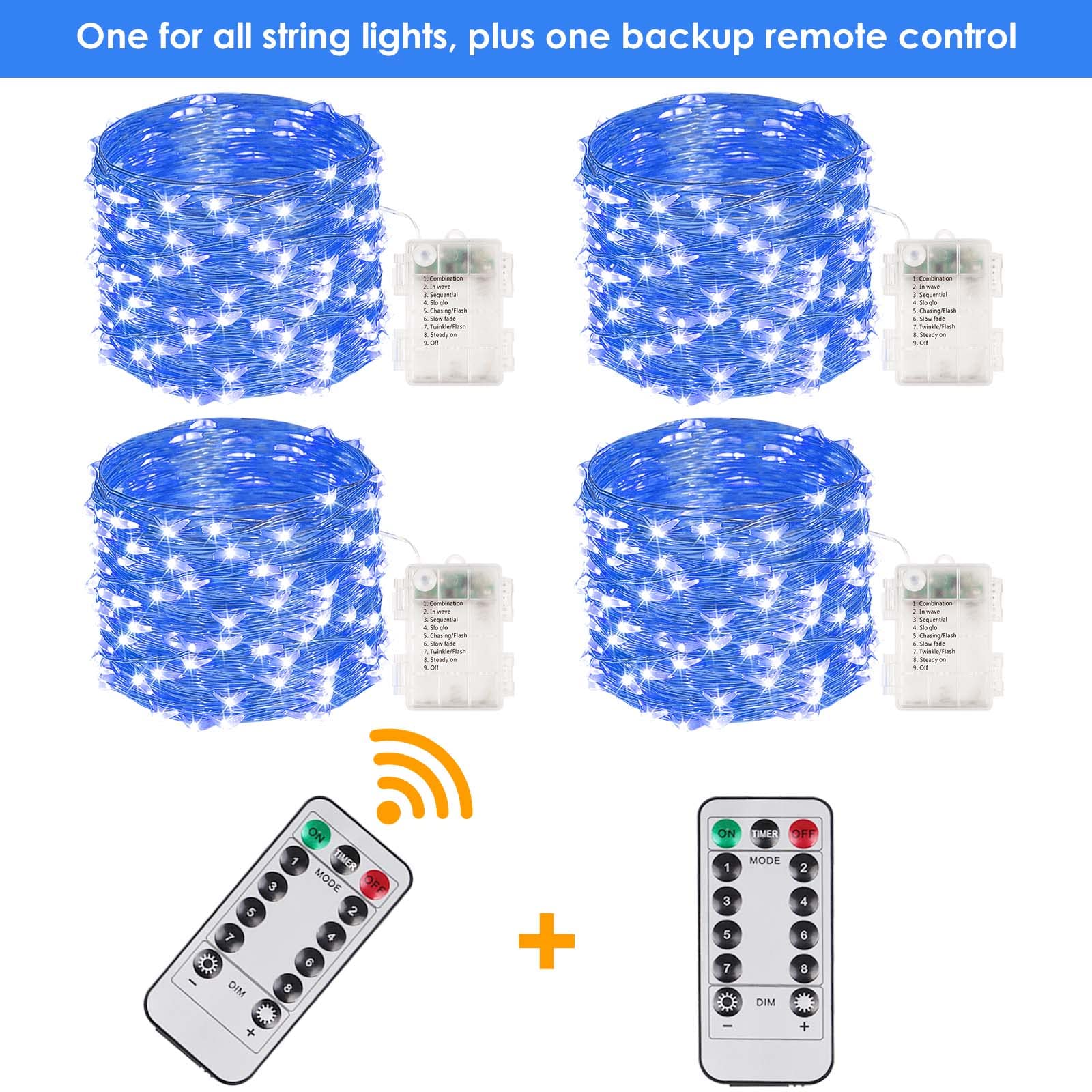 Albelt 4-Pack 33FT 100 LED Fairy Lights, Battery Operated with Remote & Timer, Waterproof Twinkle Lights, Blue, Model: sliver100-4pk