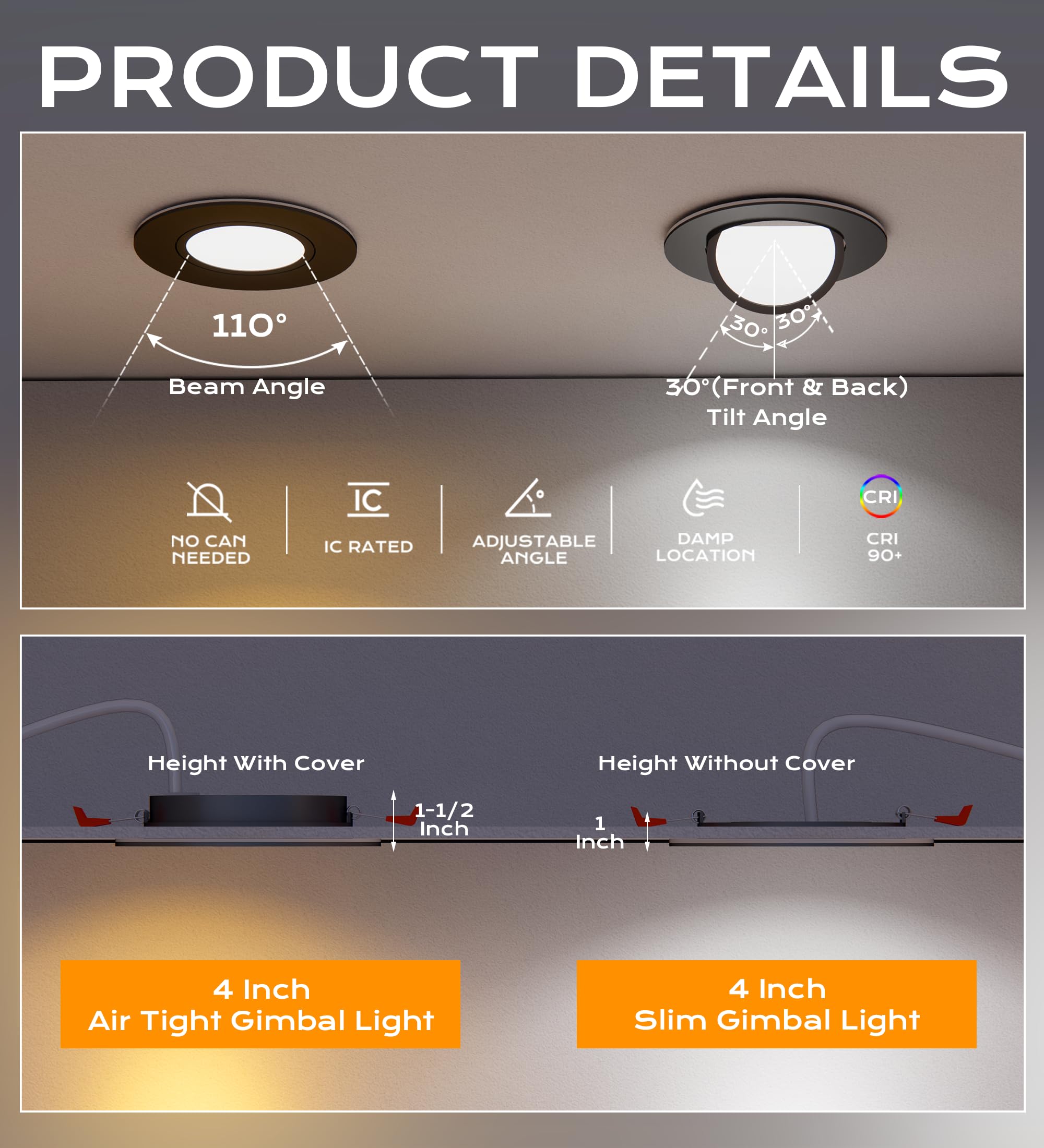 Cloudy Bay [4 Pack] 4 Inch 5 Color Swivel Led Gimbal Recessed Light With Junction Box Ic Rated Air Tight,120V Cri90+,2700K/3000K