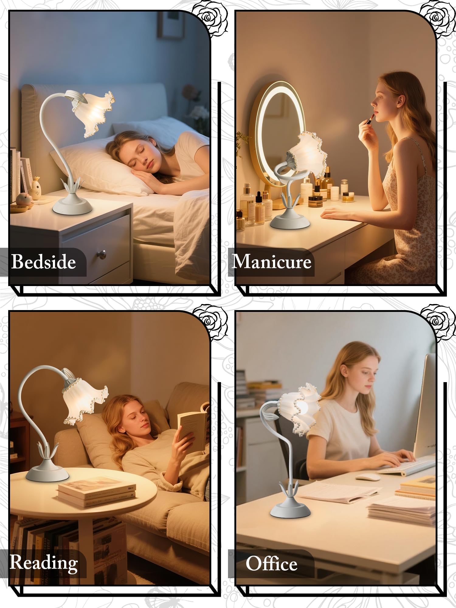 Aqdzcnf Flower Table Lamp Led Reading Light Bedside Vintage Flower Night Light 3 Colors Modes Kawaii Bedside Lamps Decor Living Room Bedroom Room Lighting Table Lamps Home Decoration (White Pearls)