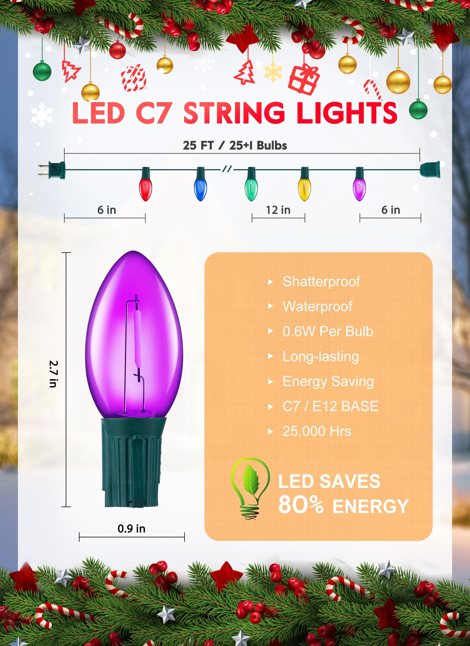 Multicolor C7 Led Christmas String Lights, 25Ft C7 Vintage Christmas Lights With 26 Bulbs(1 Spare), Commercial Connectable Chris