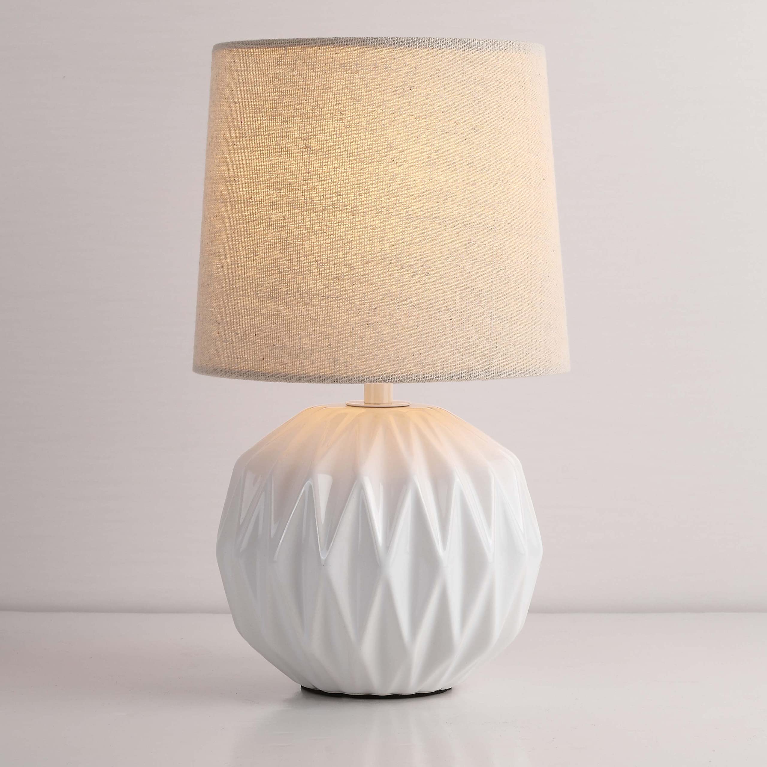 Somniferous White Ceramic Table Lamp, Geometric Textured Small Bedside Lamp With Linen Shade, Mid Century Modern Nightstand Lamp For Bedroom Living Room Reading Room, H 12" X W 6.7"