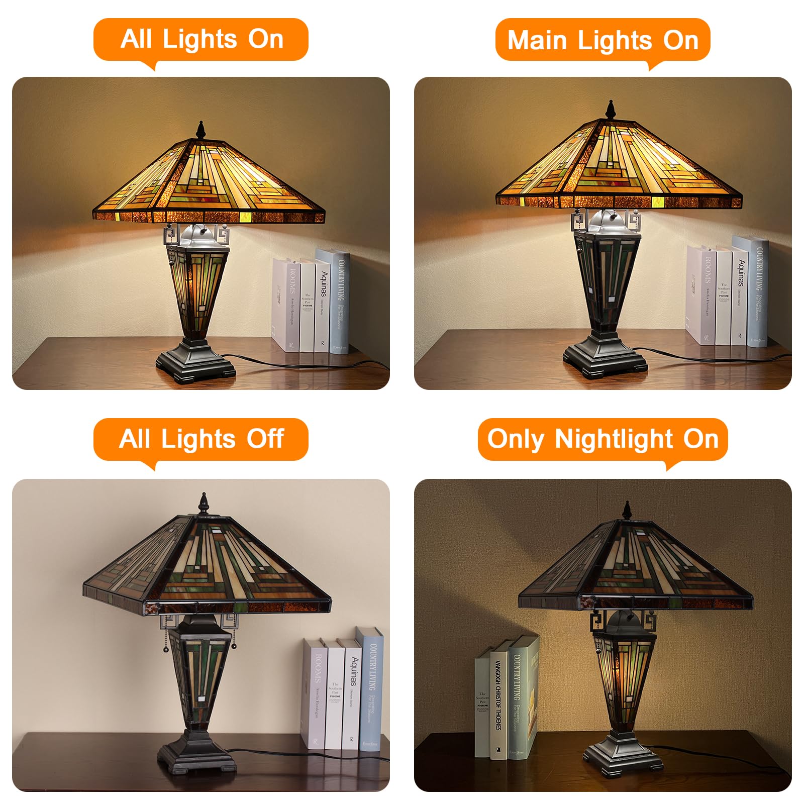 Capulina Tiffany Table Lamp - 3-Light Stained Glass, Amber Brown, 16" for Living Room & Office, Model CL168801DT