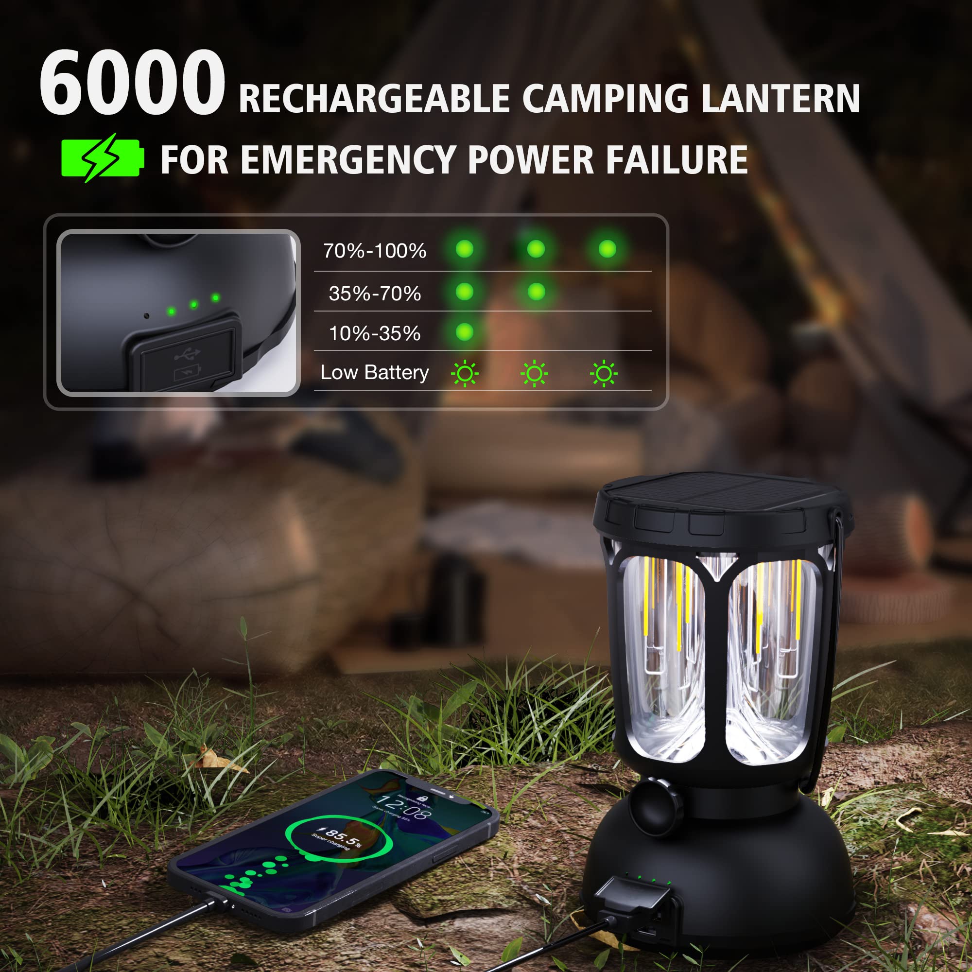 Raynic 6000 LED Camping Lantern - 650LM Rechargeable, Hand Crank, Solar, Black, Portable for Emergencies and Outdoors