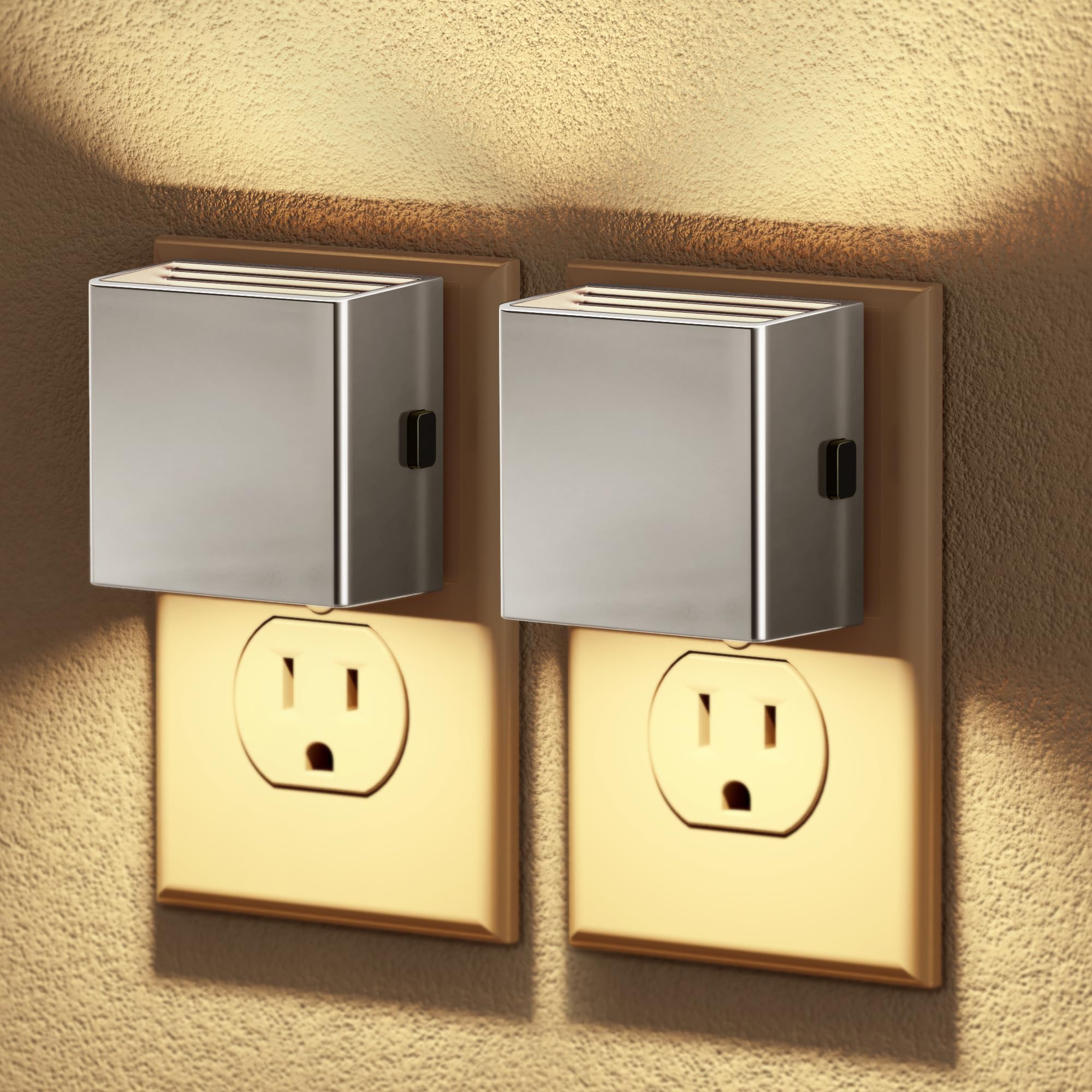 JandCase Night Light, Dusk to Dawn, Adjustable Brightness, Square Electroplate, Soft White 3000K, 2 Pack, Silver-1
