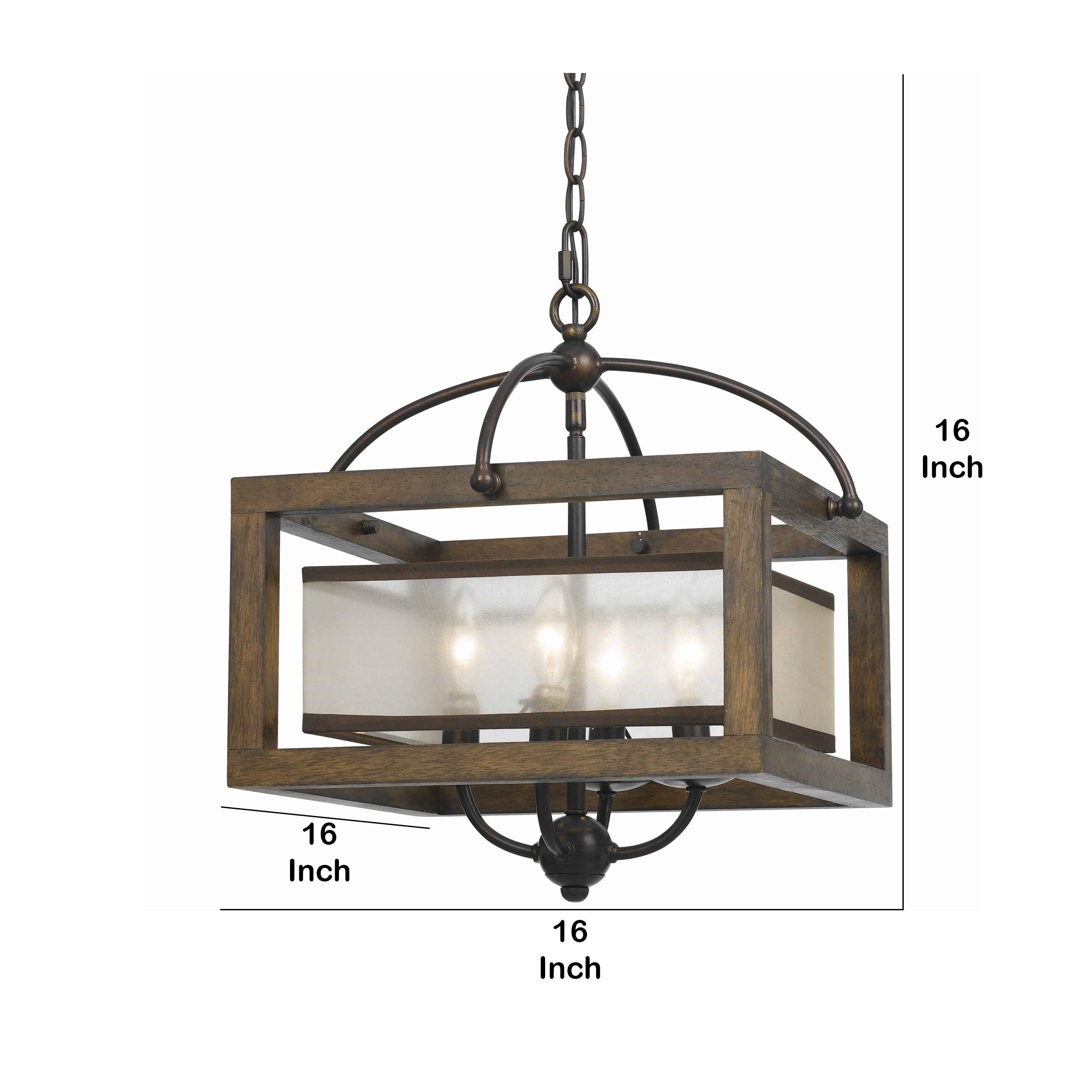 Benjara 4 Bulb Semi Flush Pendant With Wooden Frame And Organza Striped Shade,Brown