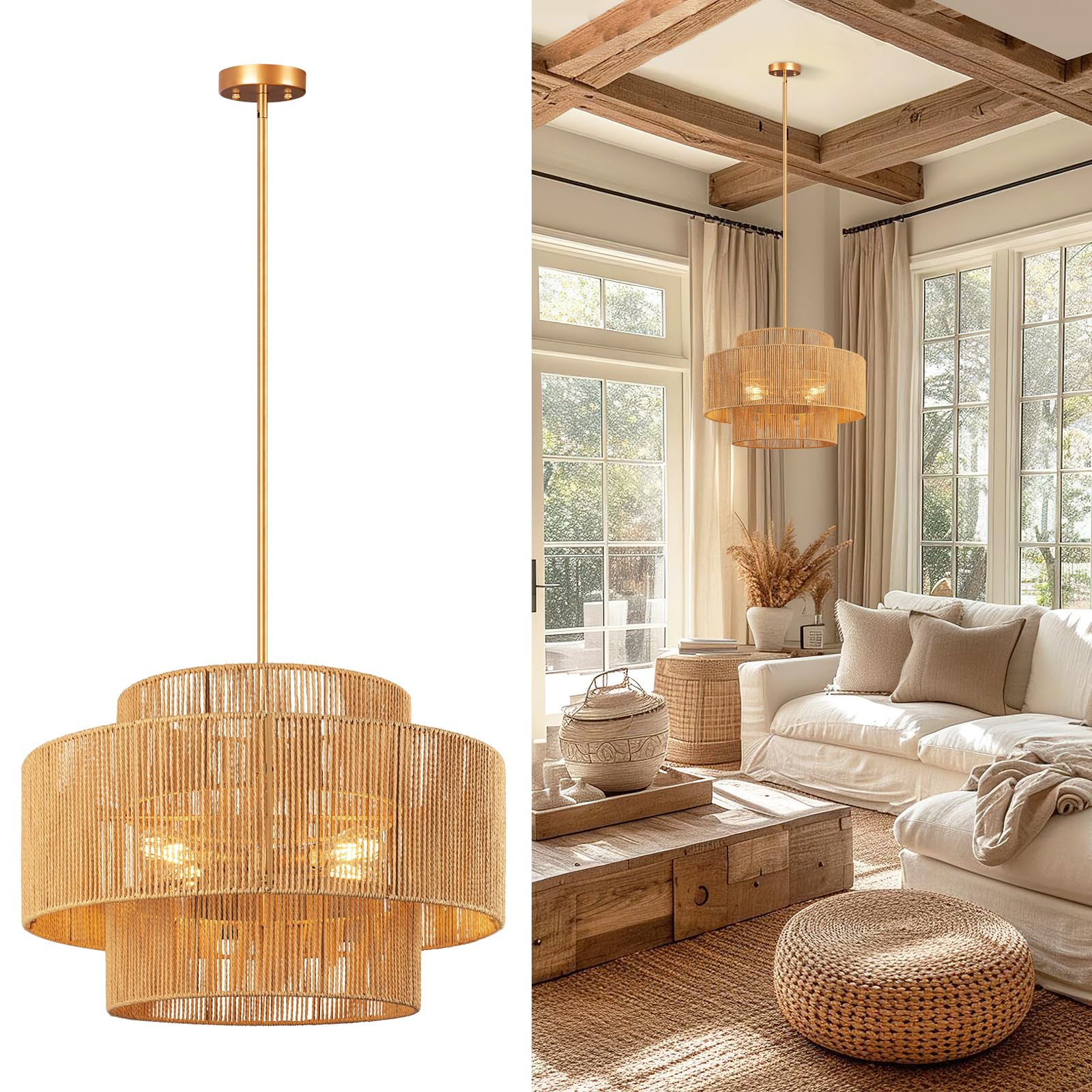 CLARSYNE 24 Boho Rattan Chandelier  4-Light Hand-Woven Wicker Pendant Lamp  Rustic Modern Ceiling Light Fixture for Dining Room  Kitchen Island  Living Room  Bedroom  Foyer  Entryway  Over Table