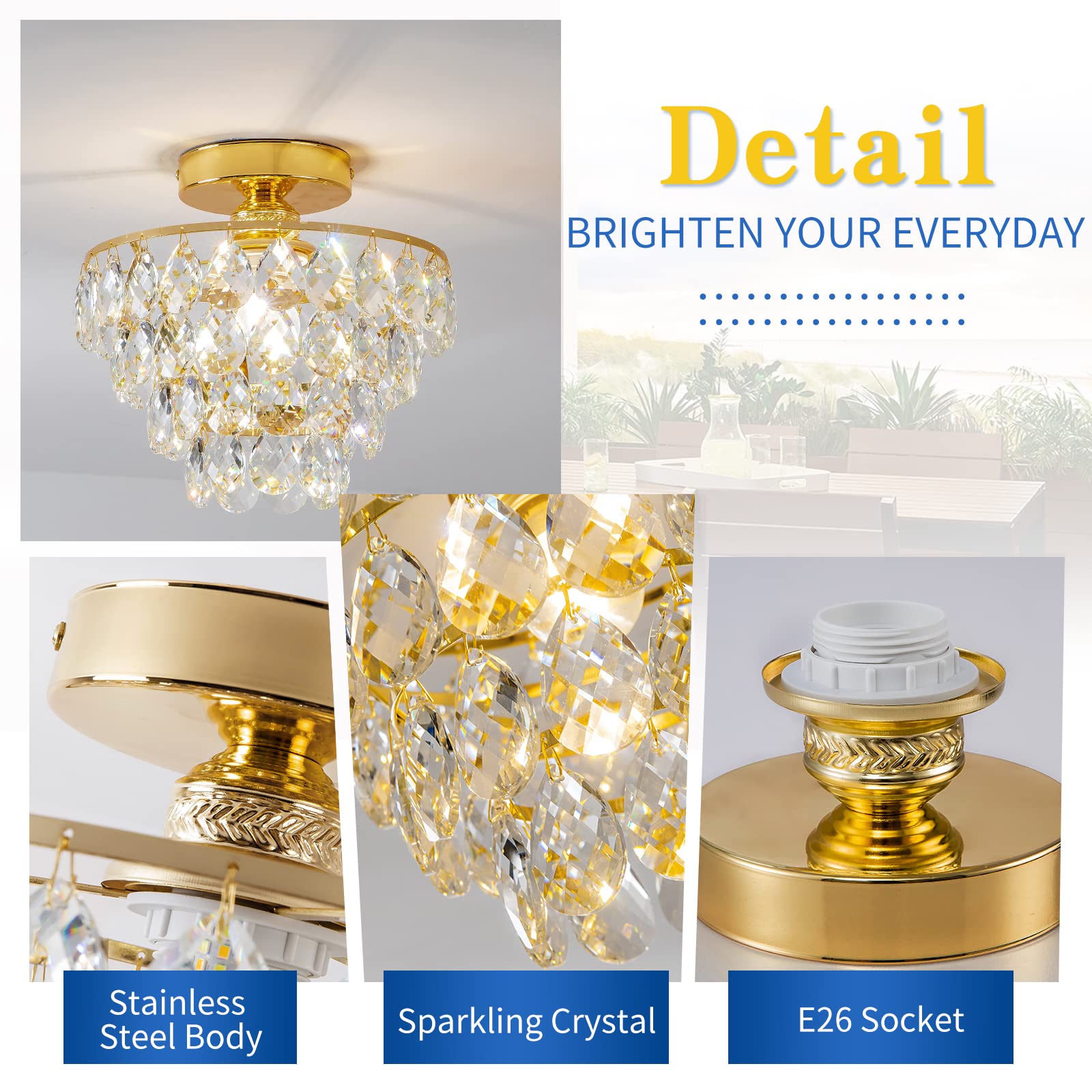 Modern Gold Crystal Chandeliers, Mini Flush Mount Ceiling Light Fixture, Close To Ceiling Lamp Fixture For Hallway Bedroom Bathr