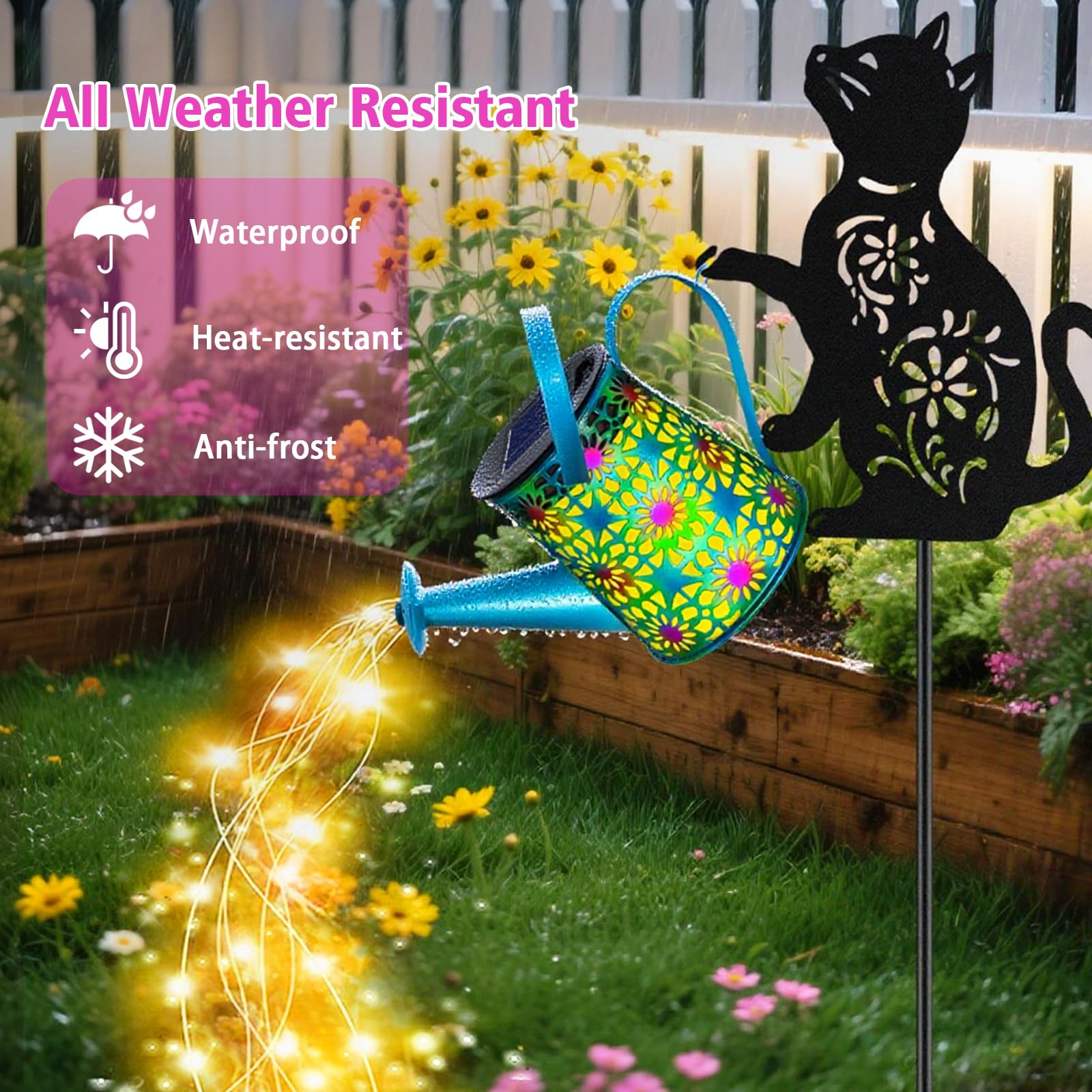 yulloyello Black Cat Solar Watering Can Lights, Blue Metal Lantern, Outdoor Waterproof Garden Decor, Model XSH6546