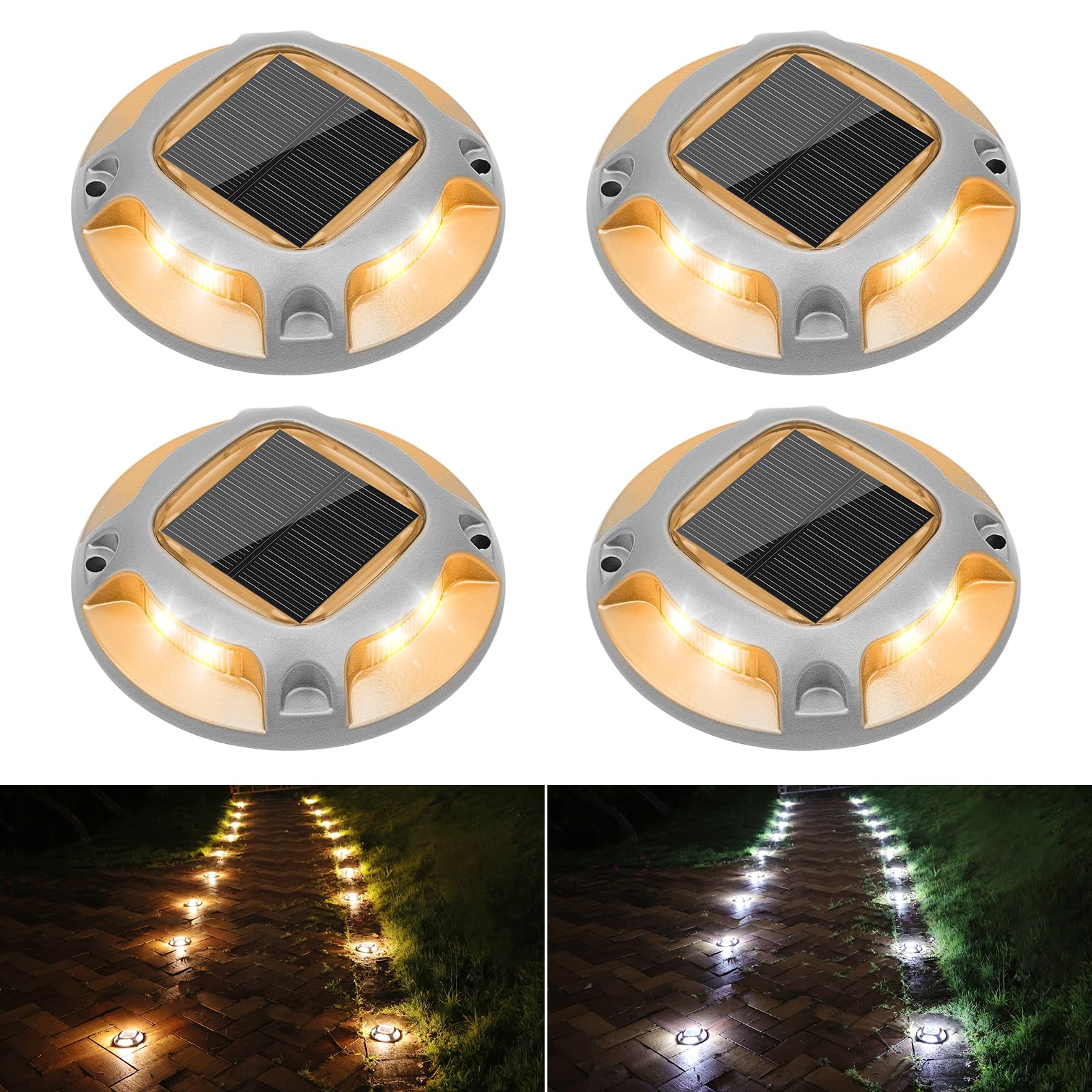 VOLISUN Solar Driveway Lights 4 Pack, Waterproof LED Deck Lights, White/Warm White, Model 21360ZM, Aluminum